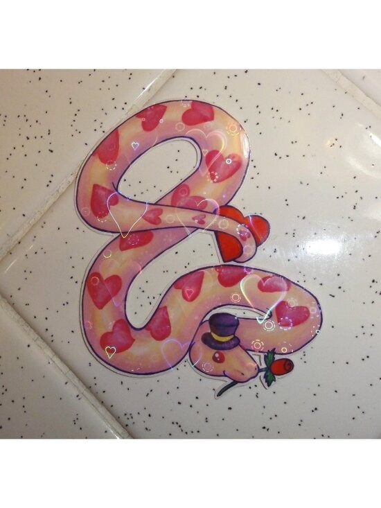 Pink Ball Python Snake w/ Hearts Sparkle Sticker top hat rose decal