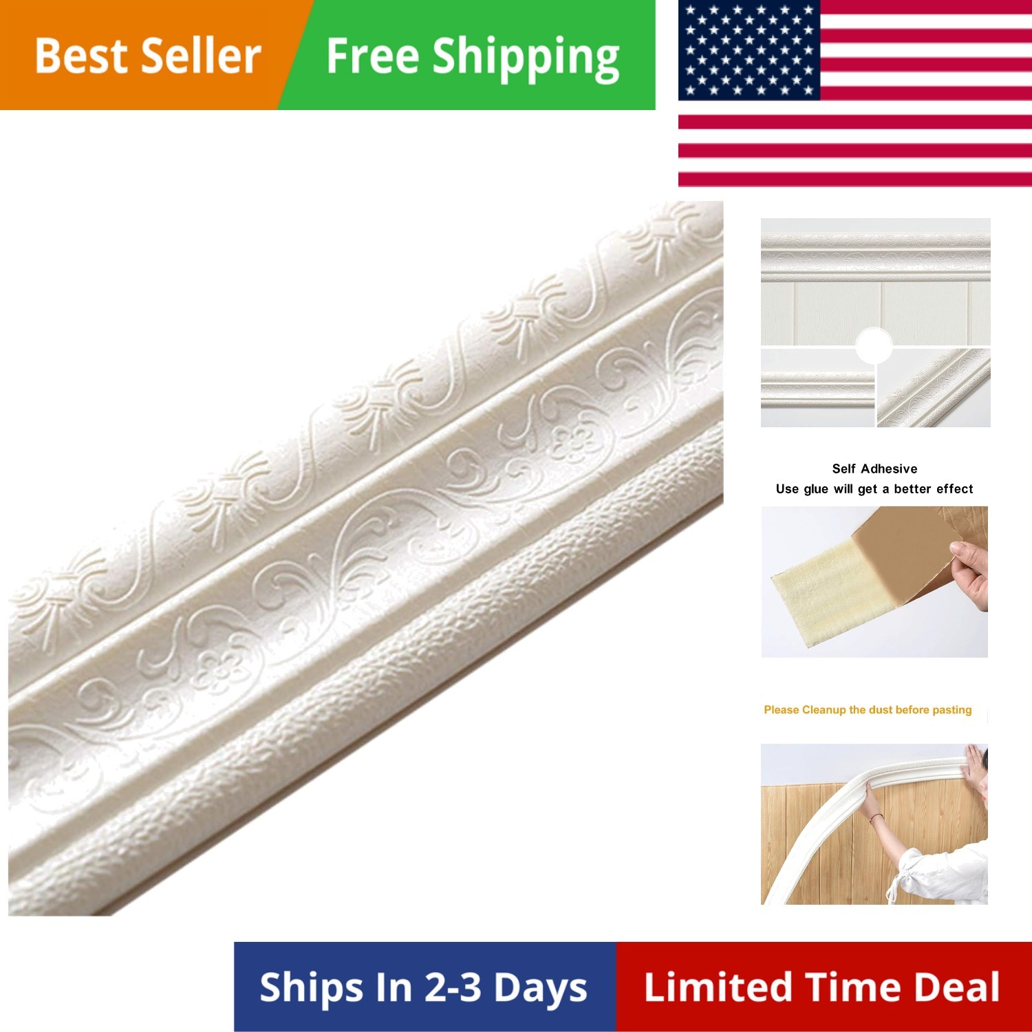 90"x 3" Self Adhesive Flexible Foam Molding Trim, 3D Sticky Decorative Wall L…