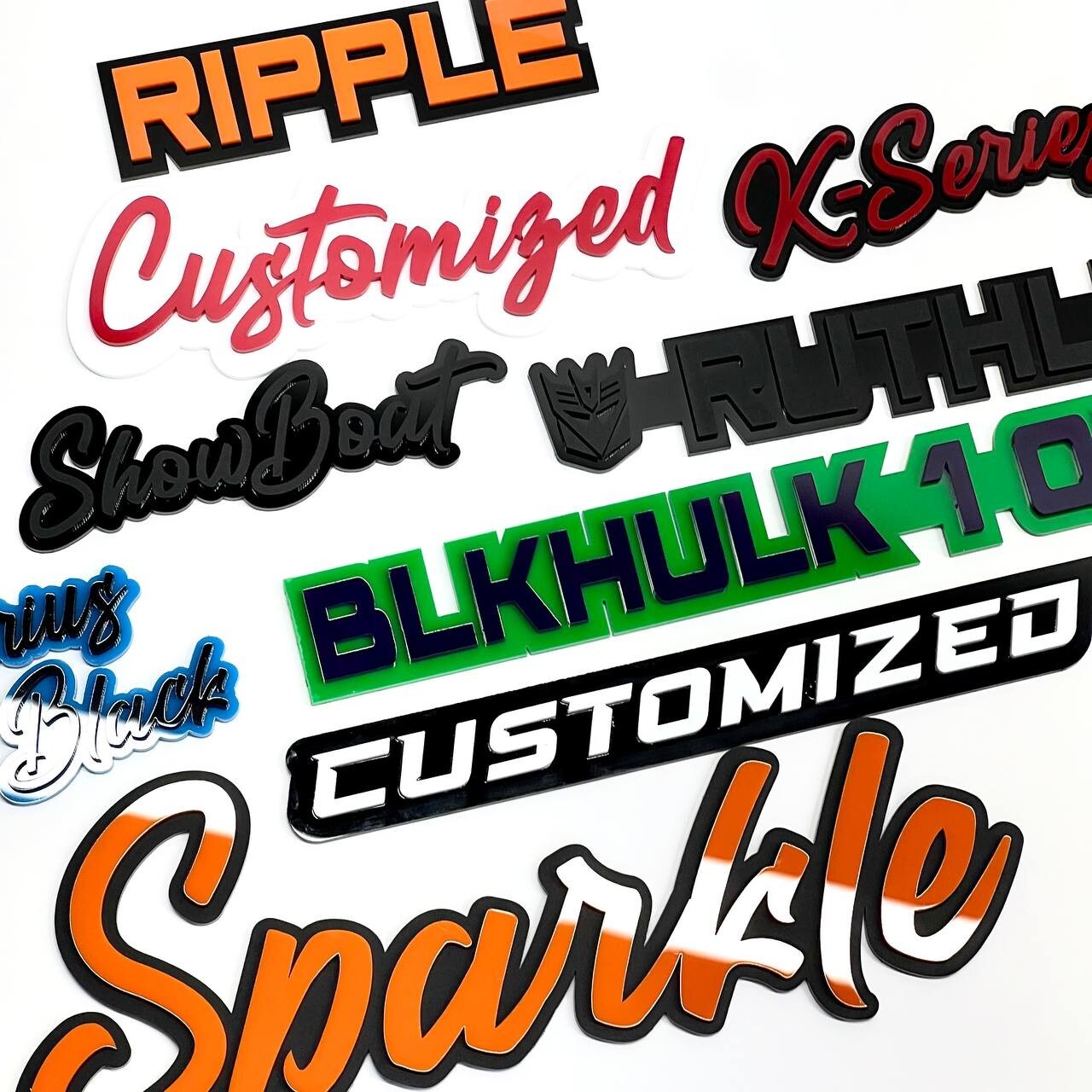 Customized Car Acrylic Emblem Badge MULTI COLOR Custom Text Names