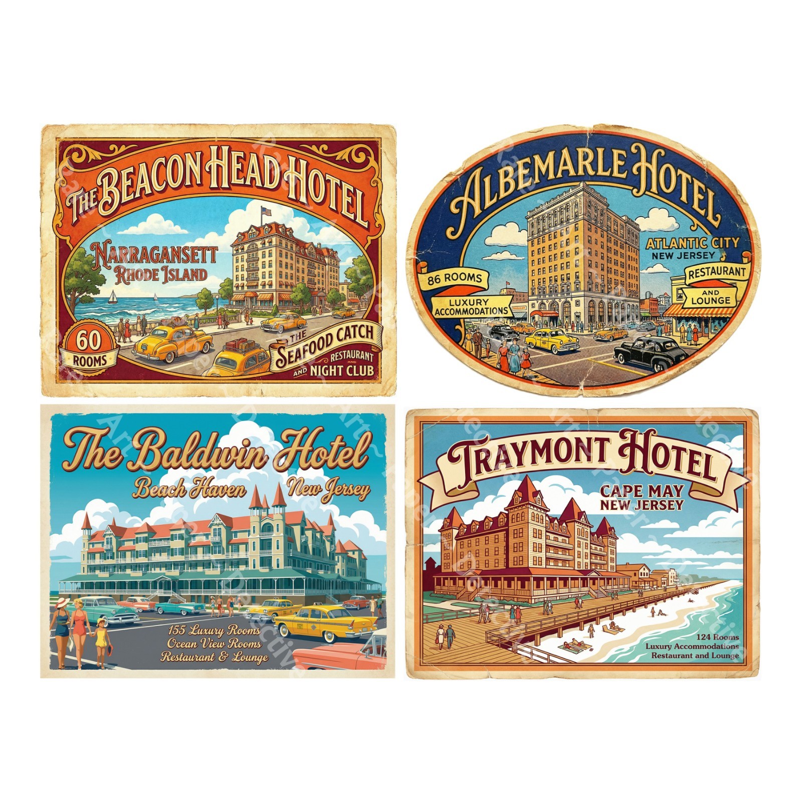 Vintage Nostalgic Hotel Luggage Stickers, 4 Retro Labels on 1 Cut & Peel Sheet