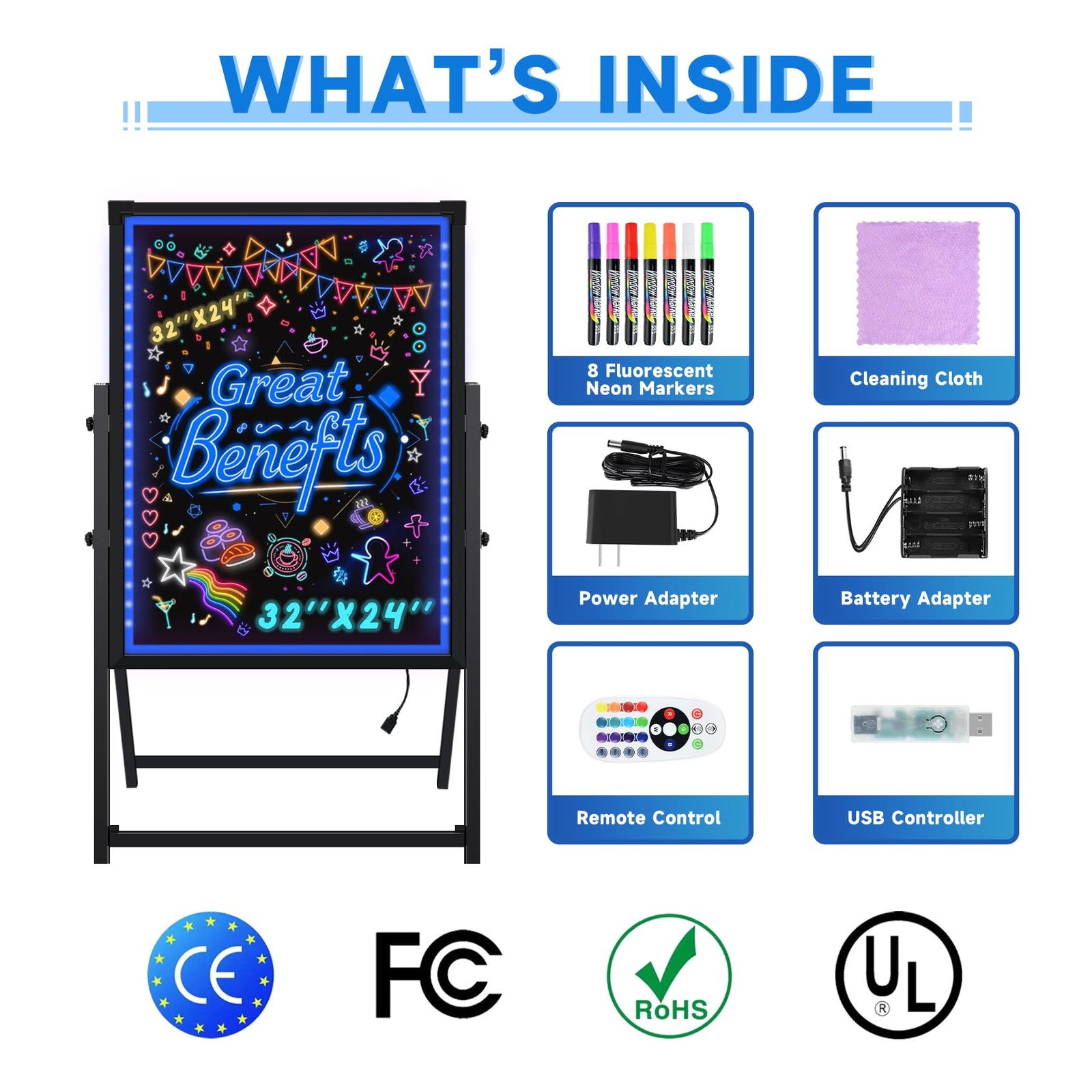 Hosim Standing A-Frame LED Message Writing Board 20"W x 28"H, Colorful 28×20"