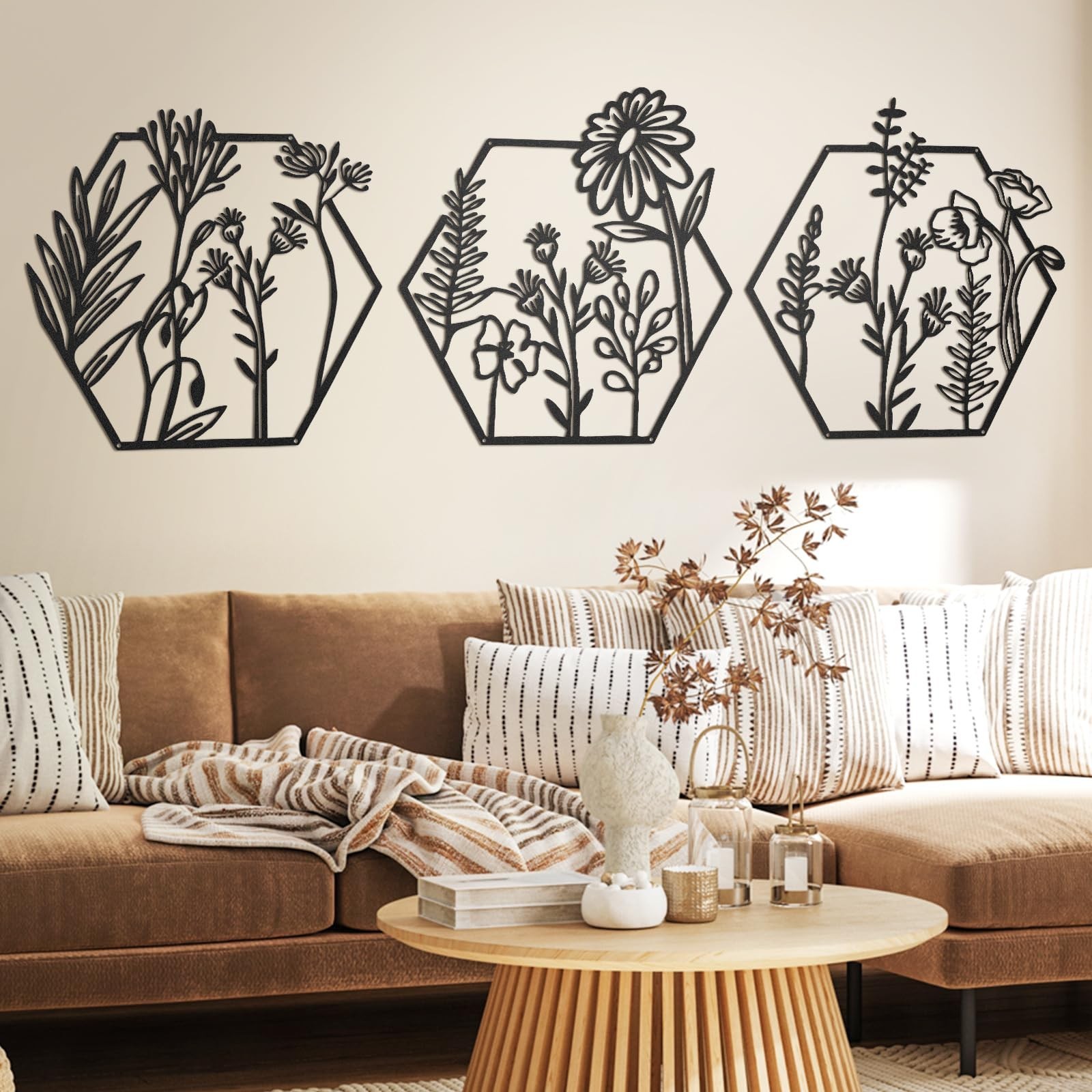 Peryiter 3 Pcs Metal Flower Wall Decor Minimalist Floral Wall Hanging Decor M…