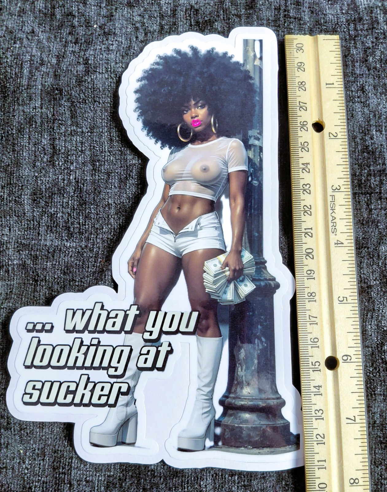 Retro 1970s Inspired Sticker – Large Afro Babe with Cash – Laminated -7 1/2 inch