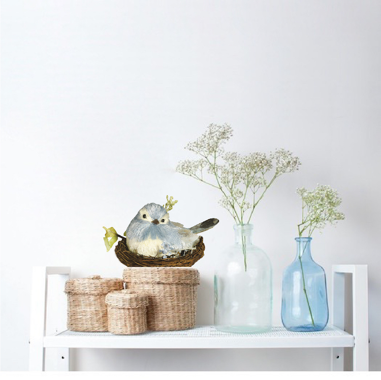 Cute Nesting Bird Wall Decal Mural Floral Nest Blue Flowers Small Flower, b37