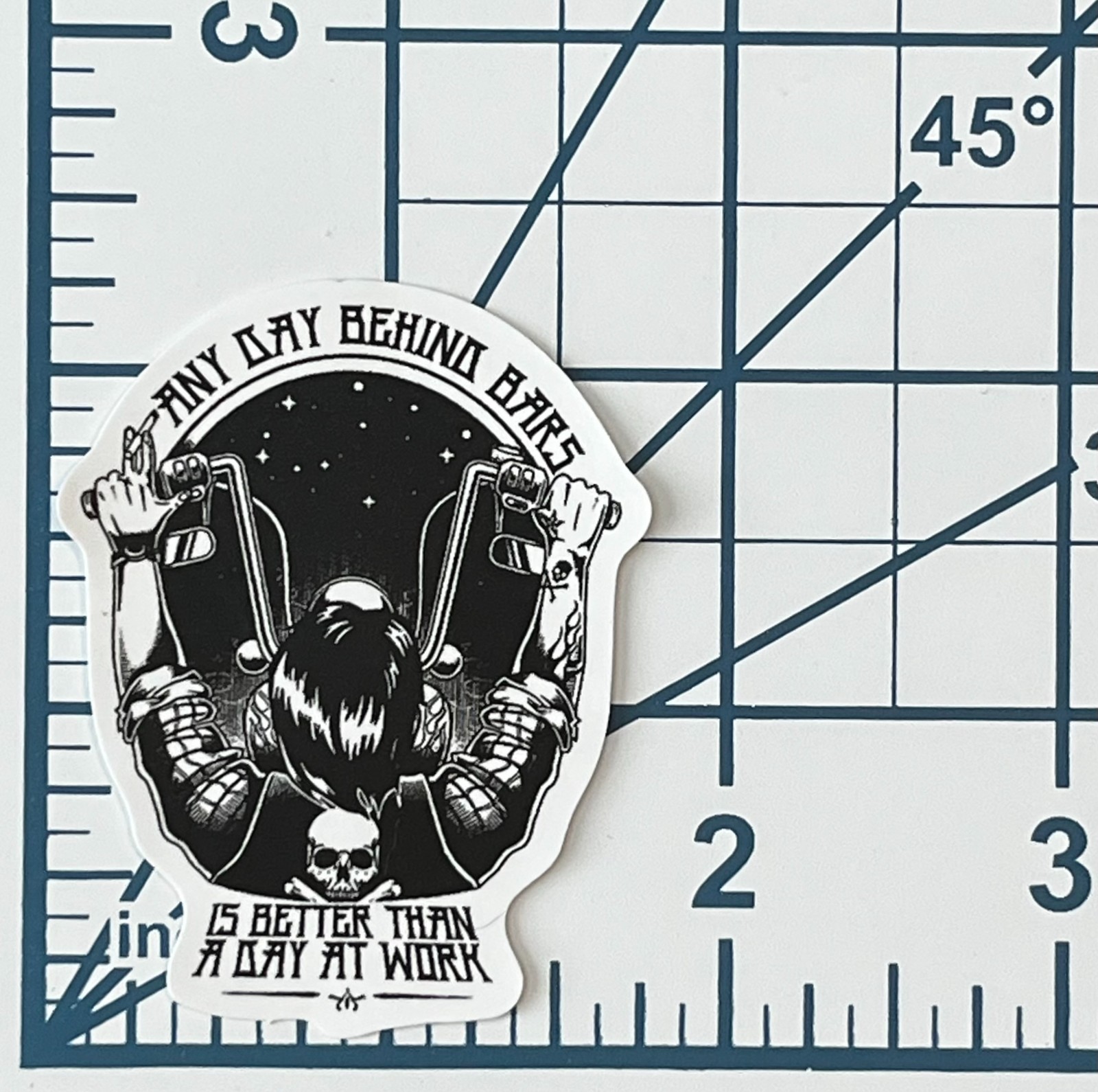 Any Day Behind Bars Vinyl Sticker Funny Biker Decal Motorcycle Helmet Art