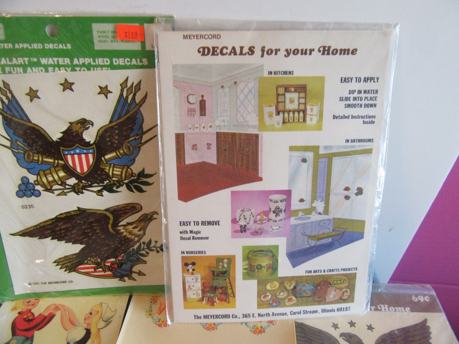15 Meyercord decal transfer art eagle dutch boy girl M raccoon NEW