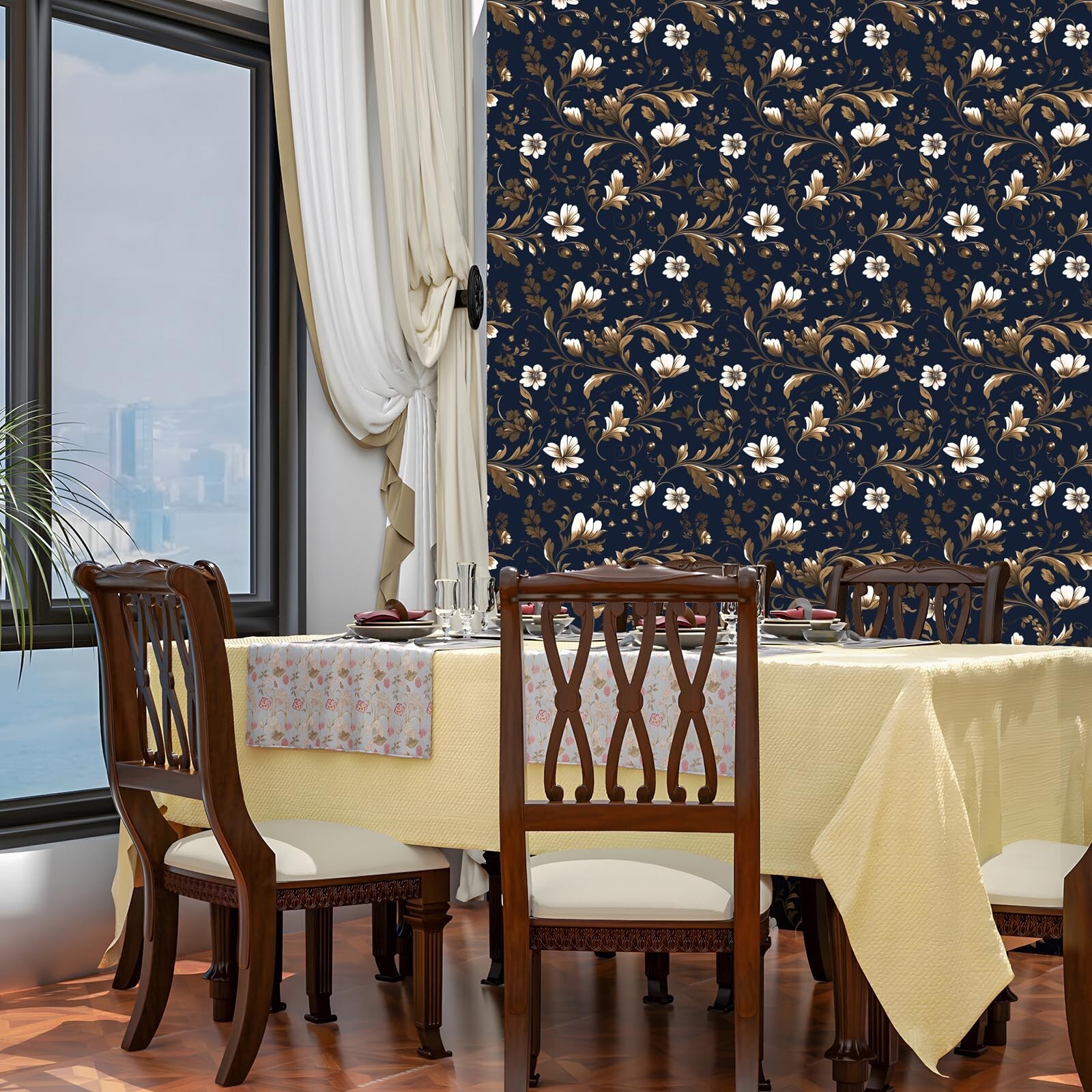 Gold Leaf Wallpaper Peel and Stick Vintage Leaf Contact Paper Dark Blue Flora…