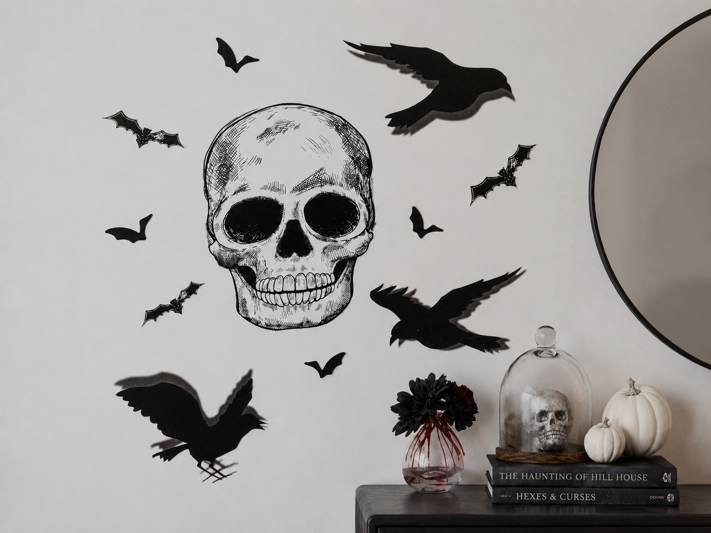 Halloween Skull Raven Bat Wall Art Decals Gothic Spooky Decor 39" x 13"