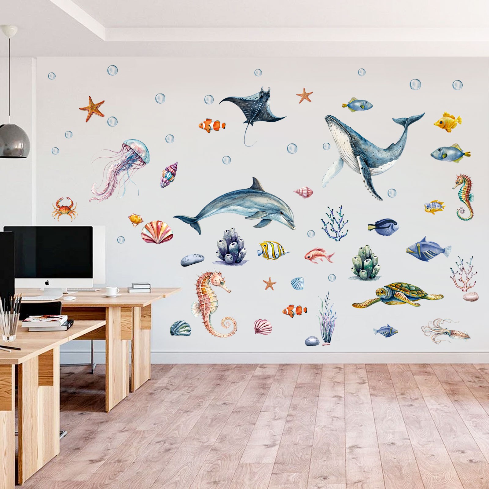 2PCS Marine Life Wall Decals Removable Ocean Stickers For Smooth Walls, Wardrobe