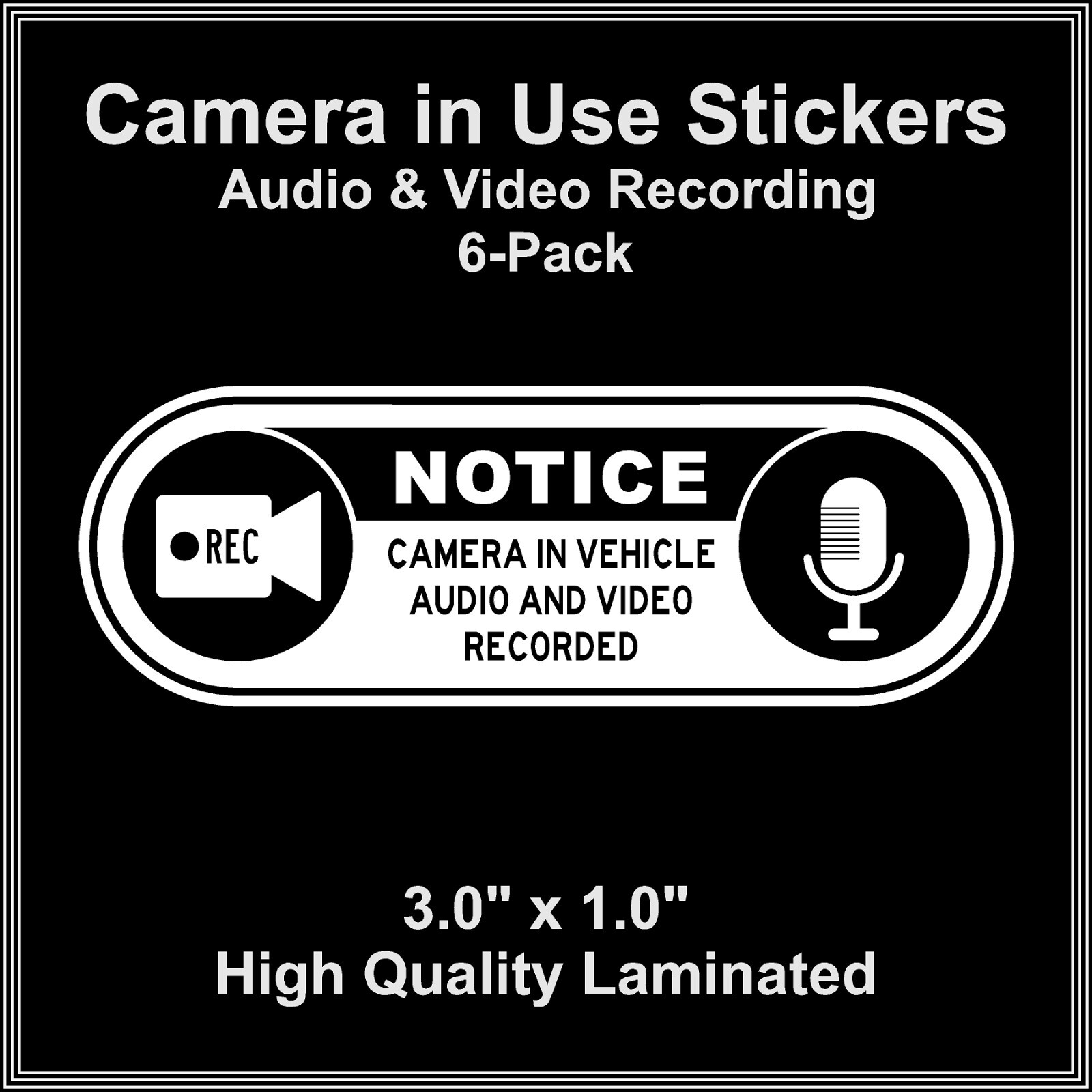 Camera in Car Recording Video 6-Pack Decals White & Black 3.0" x 1.0" for Uber