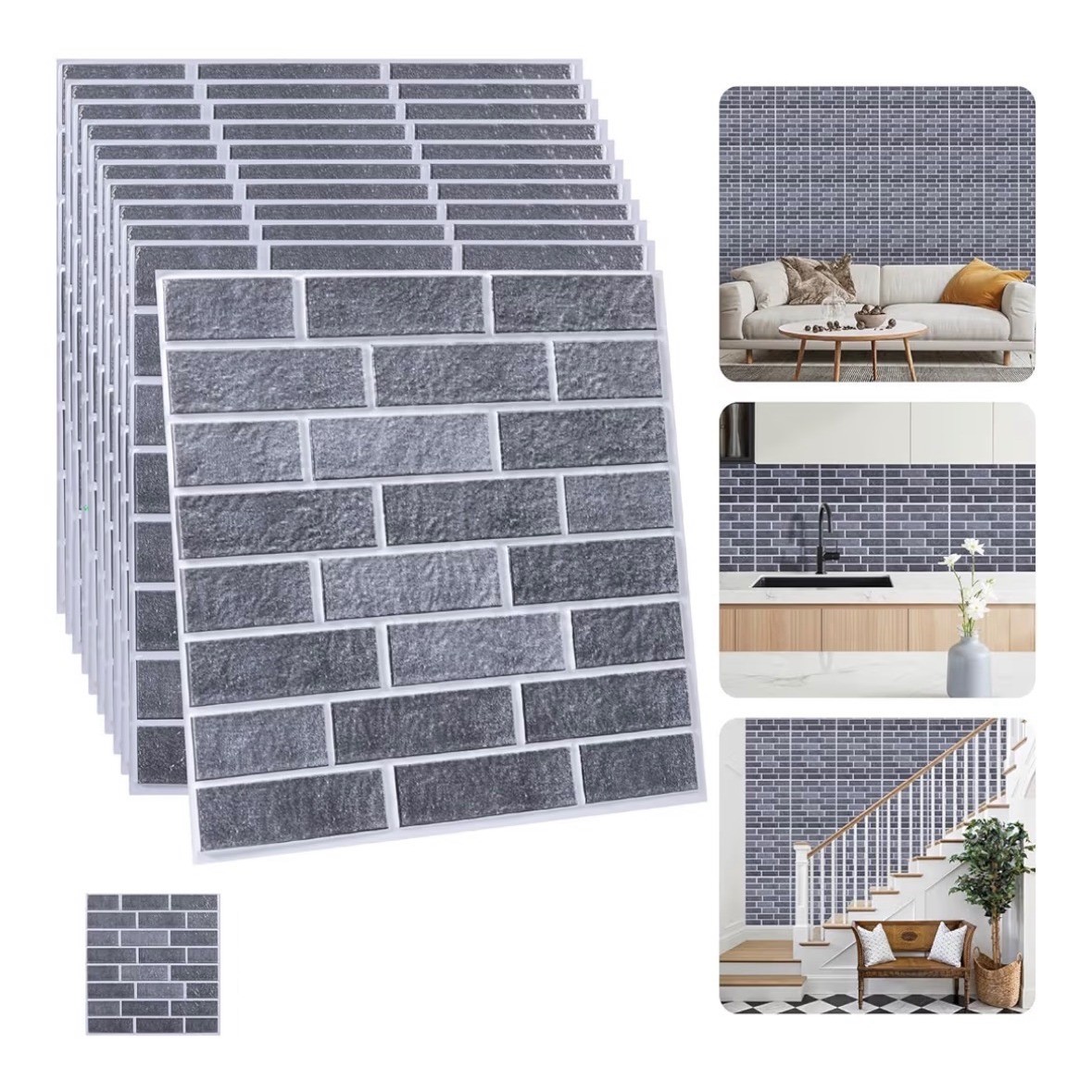 10 Pack Gray 3D Faux Brick Wall Panels Peel & Stick Waterproof Foam Tiles 9.7sf