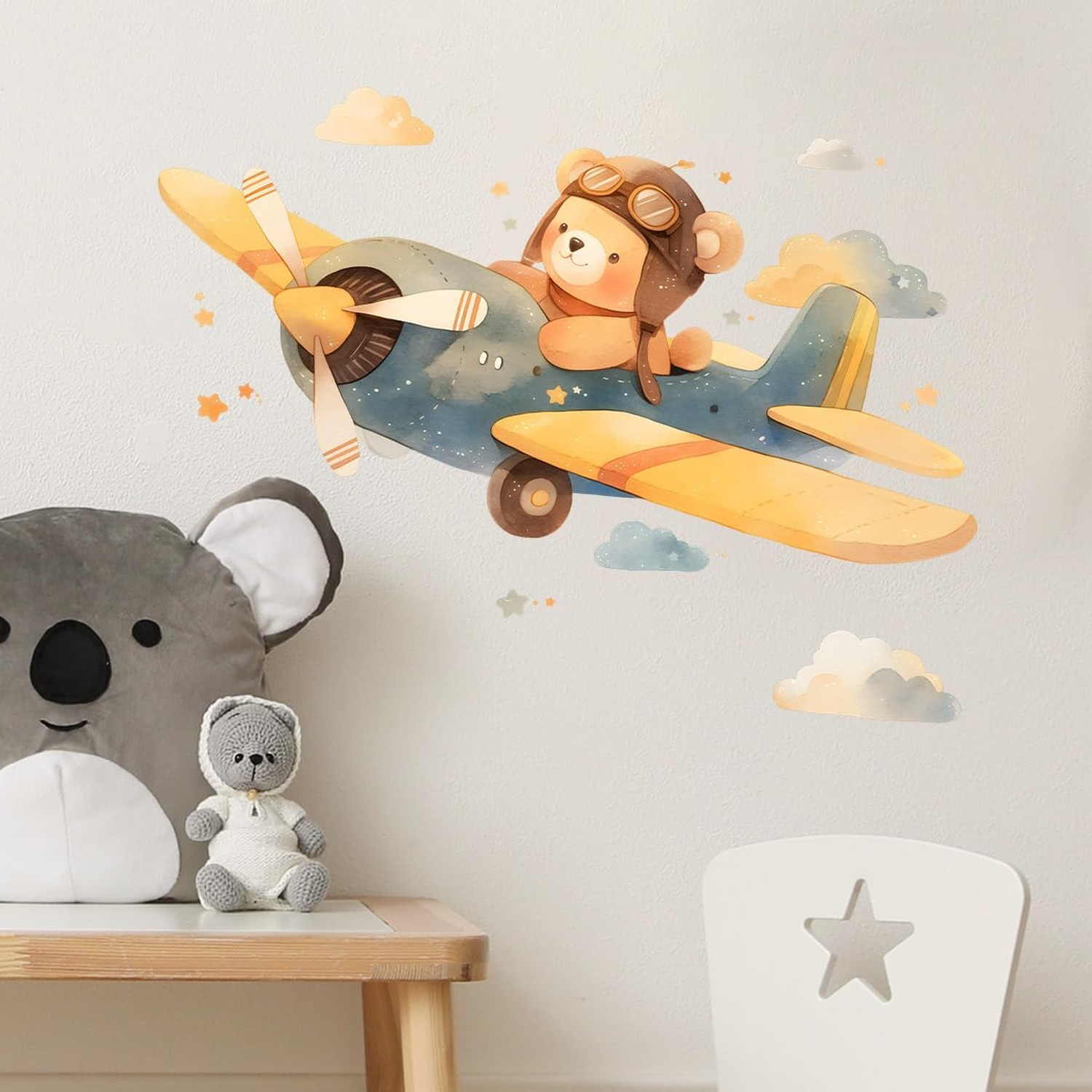 Cartoon Teddy Bear Pilot Wall Decals Removable Airplane Vinyl Stickers for Nu…