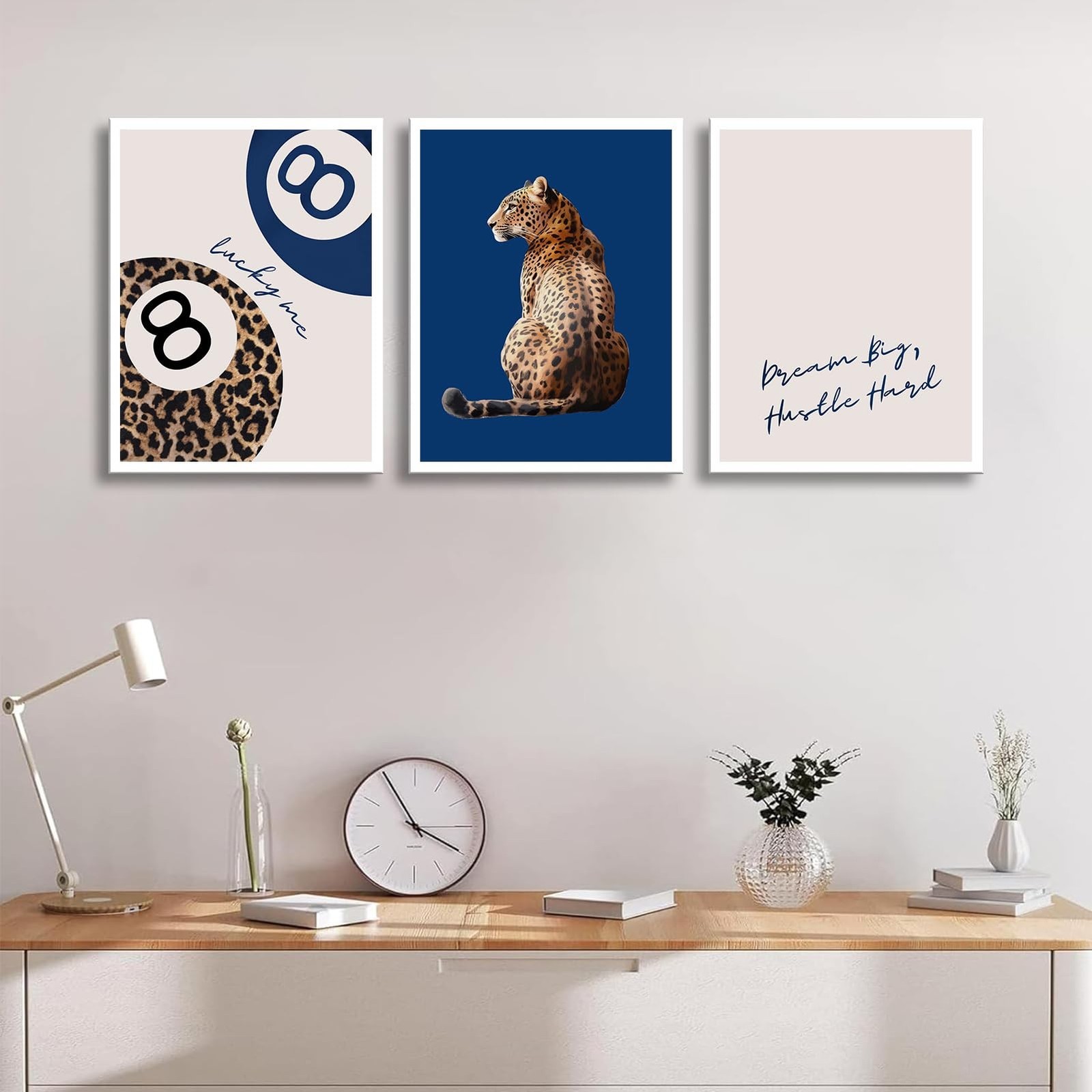 Navy Blue 3 Pcs Leopard Print Wall Art Cheetah animal prints 8 Ball Lucky Me …