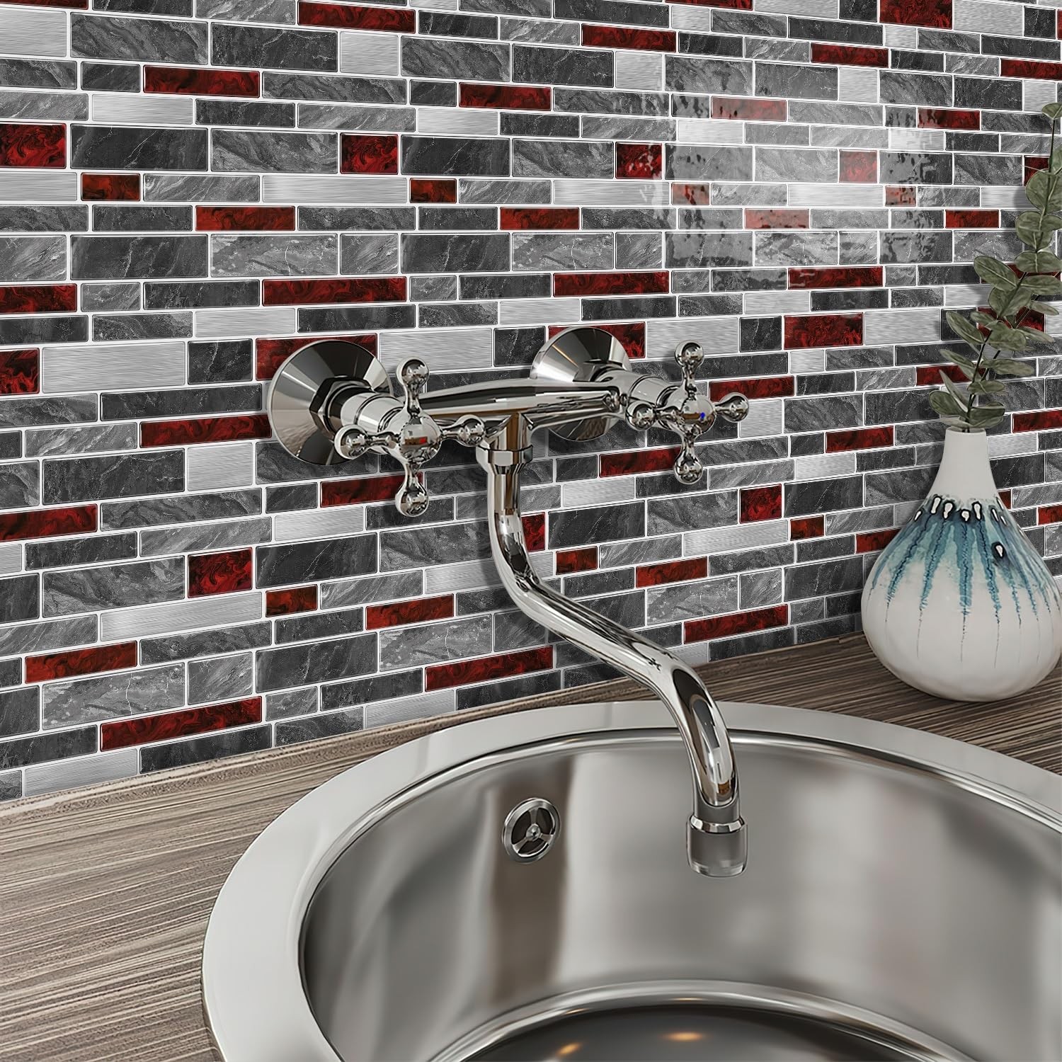 Peel and Stick Tile Backsplash, 12 x 12 inch, Grey & Red Marble