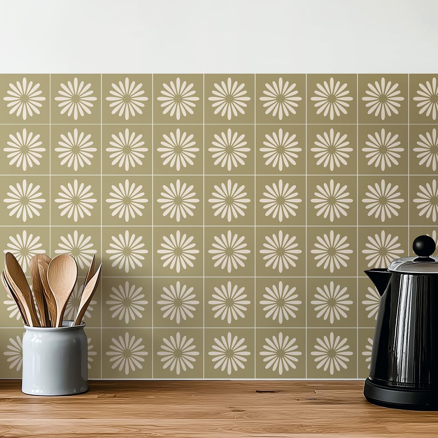 30 Pack, 4×4 Inch Sage Green Tile Decals, Mid-Century Modern Floral Peel and …