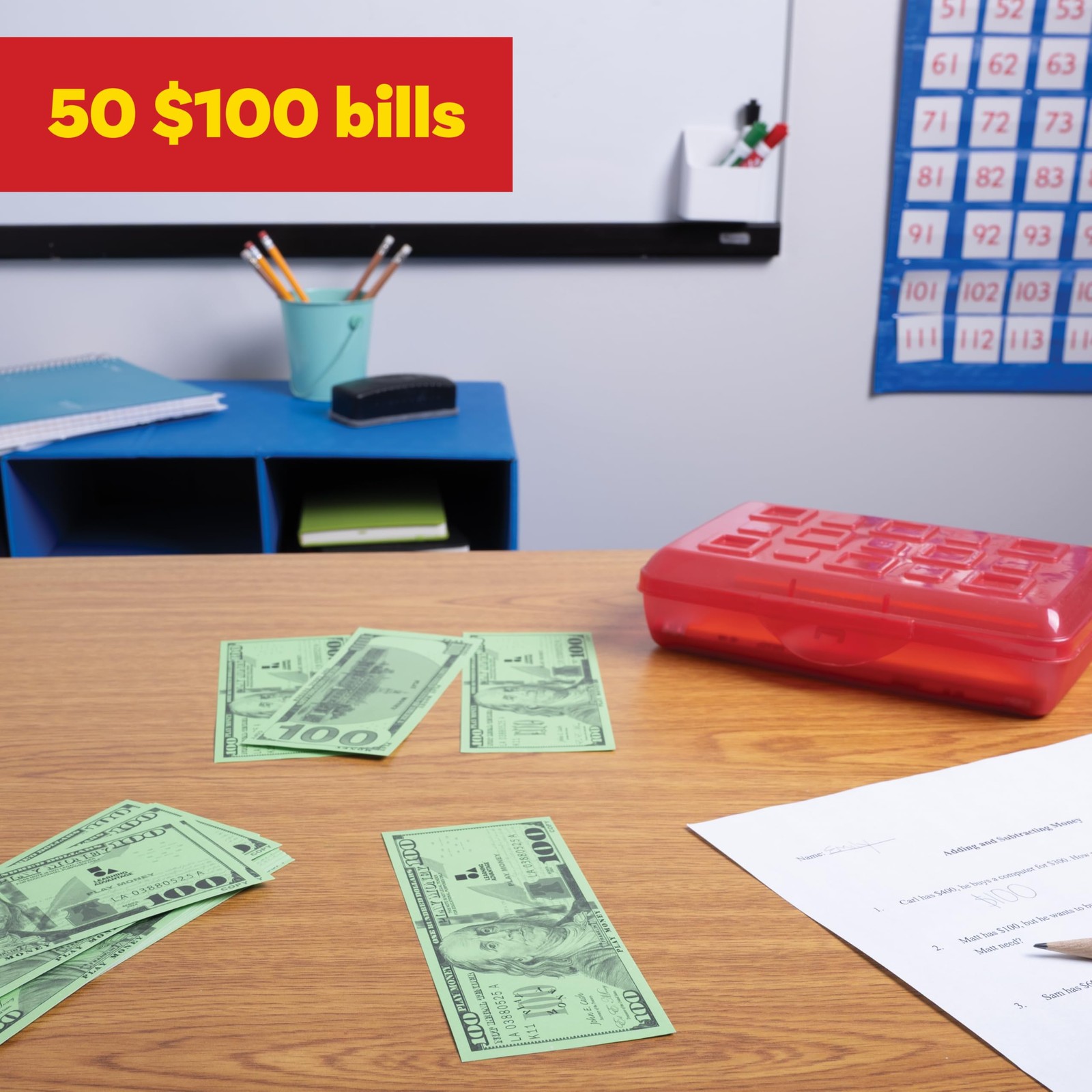 Learning Advantage One Hundred Dollar Play Bills | 6.25 x 2.5 inches, Green