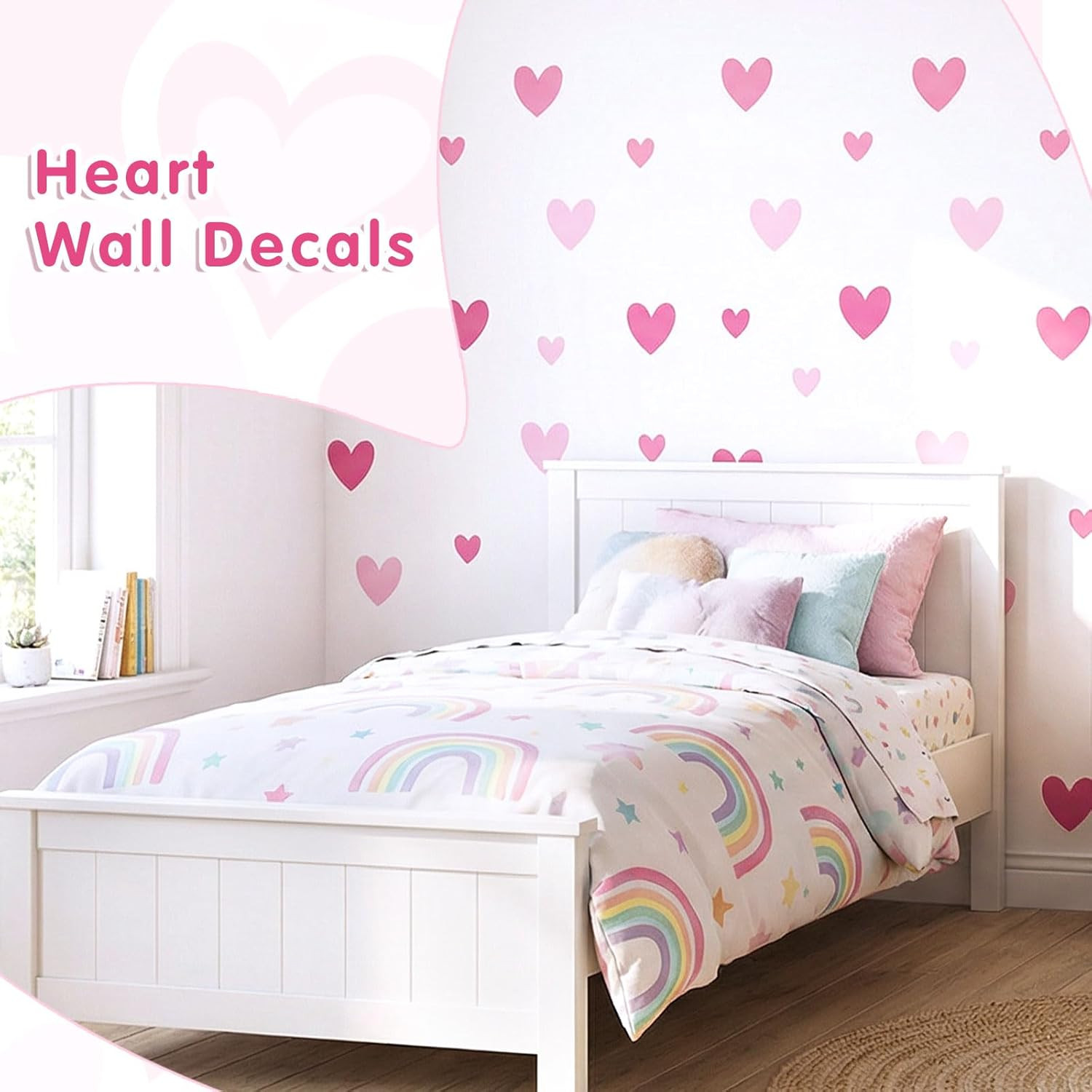 170 Pcs Heart Wall Decals – Peel and Stick Pink Decor for Girl Bedroom, Nursery,