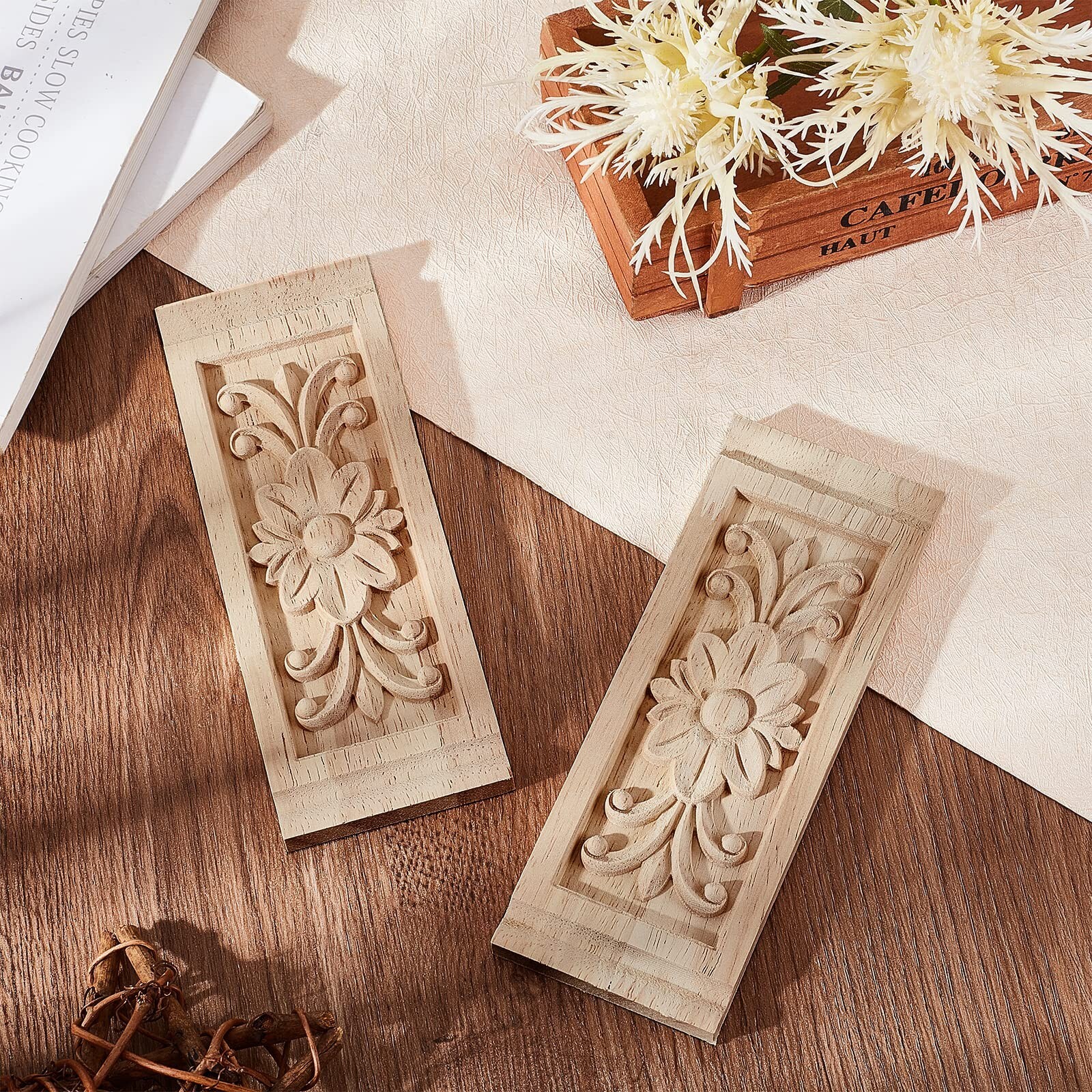 SUPERFINDINGS 2PCS Rectangle with Flower Wood Carving Decal 6.3×2.4inch Unpai…