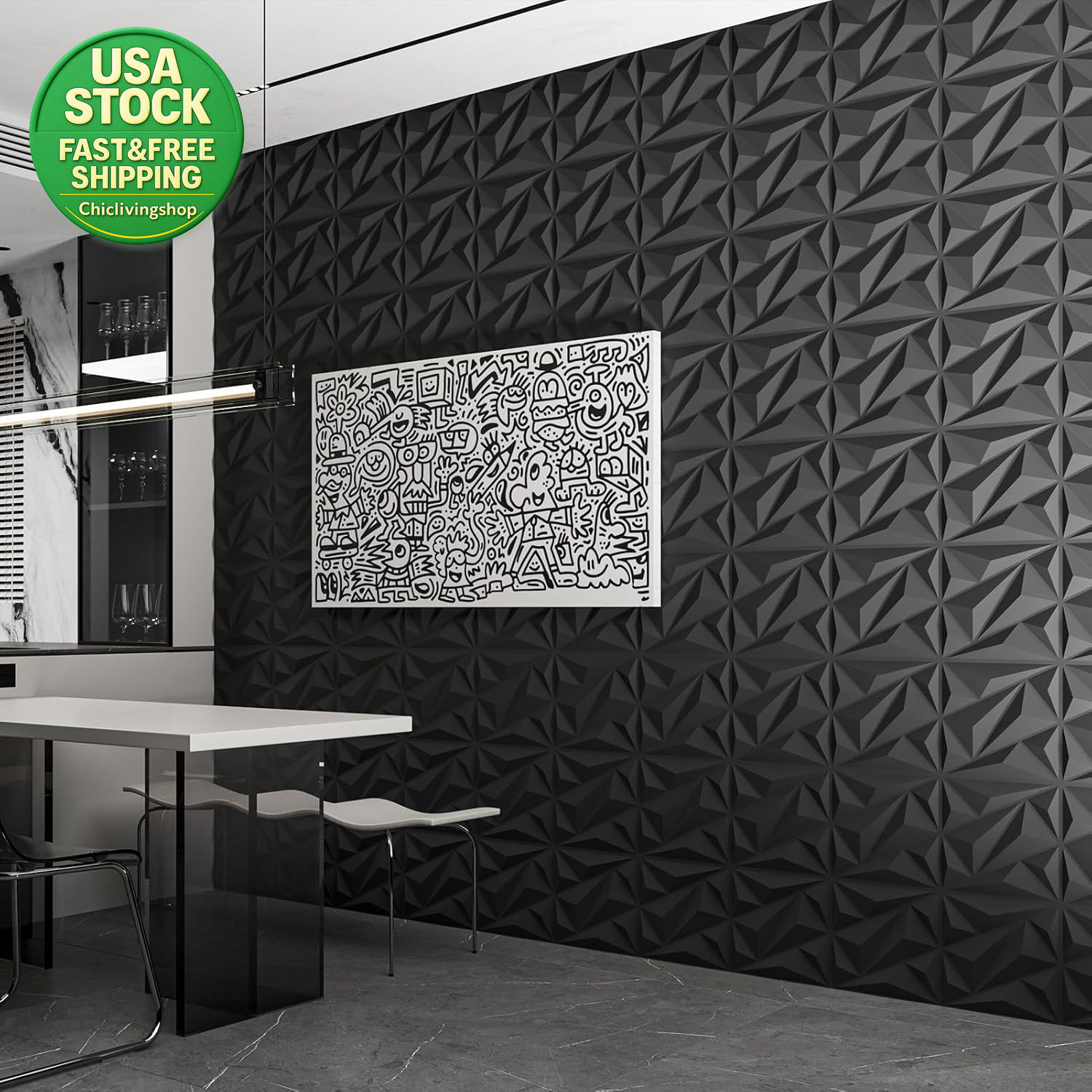 3D Wall Panel Diamond 33 Pack Textured PVC Cover 32 Sq Ft Black 12X12