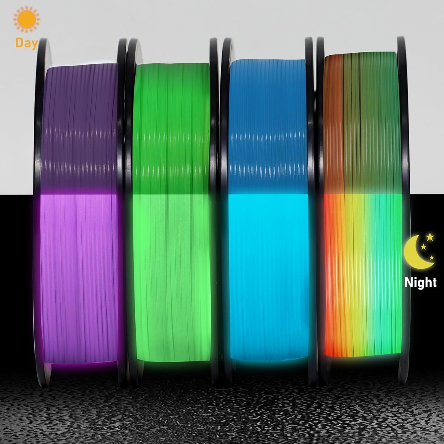3D Printer Filament Bundle – Glow in the Dark Multicolor PLA 1.75mm, 250g x 4 Pa