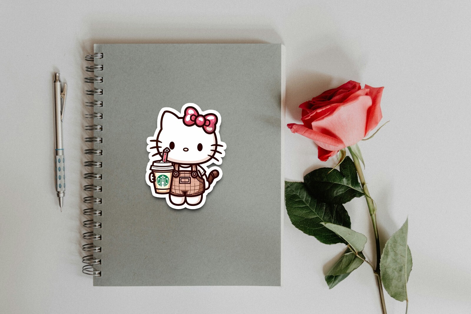 Kitty with Starbucks Sticker, Cute, Waterproof, Laptop, Water Bottle, Die Cut