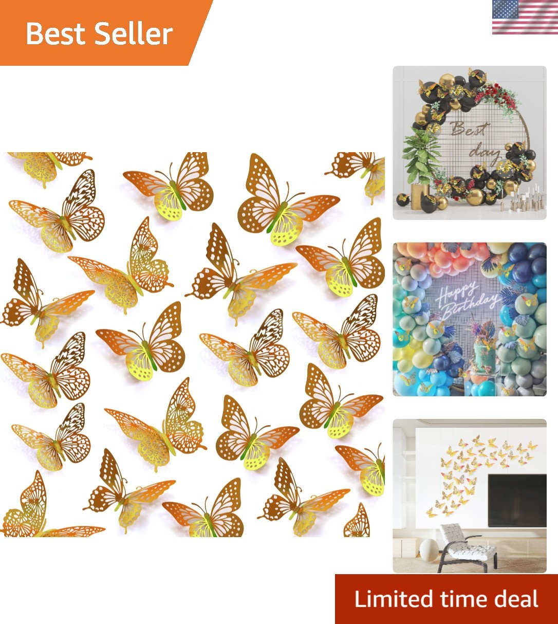 Elegant Butterfly Decals – 48 Removable Gold Wall Decorations in Various Styles