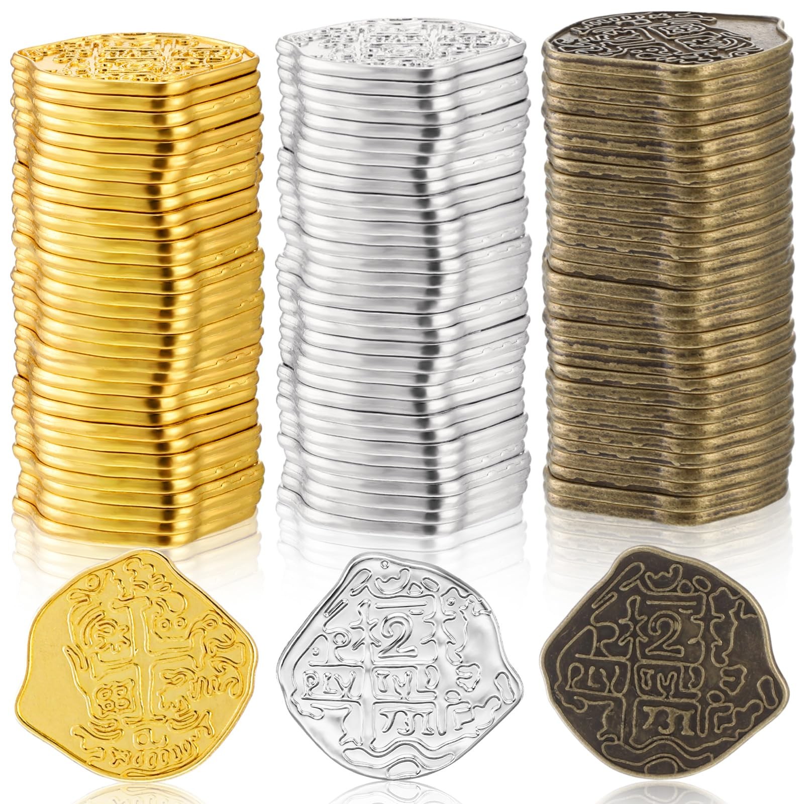 Hanaive 50 Pcs Metal Pirate Coins Spanish Modern Style, Gold, Silver, Bronze