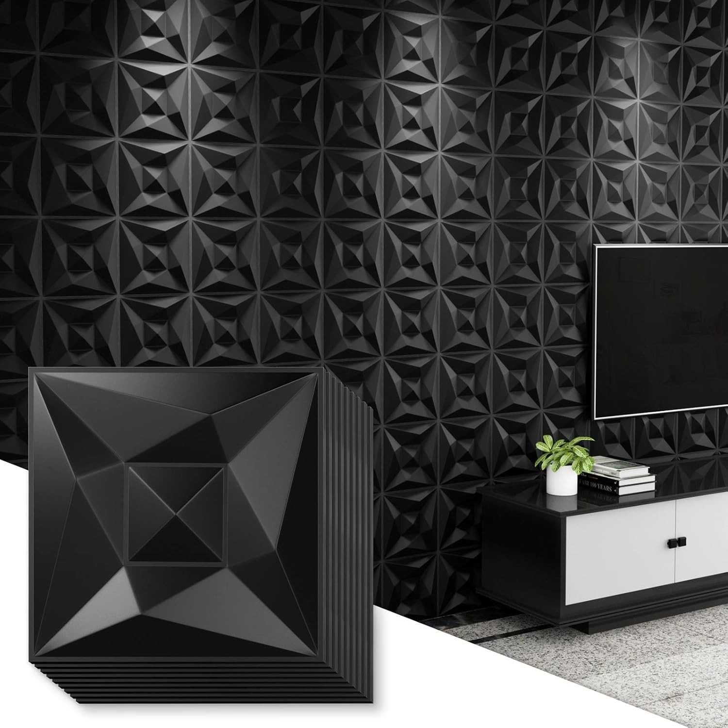 Paintable Black PVC 3D Wall Panels 33 Pack 11.8"x11.8" for Creative Interiors