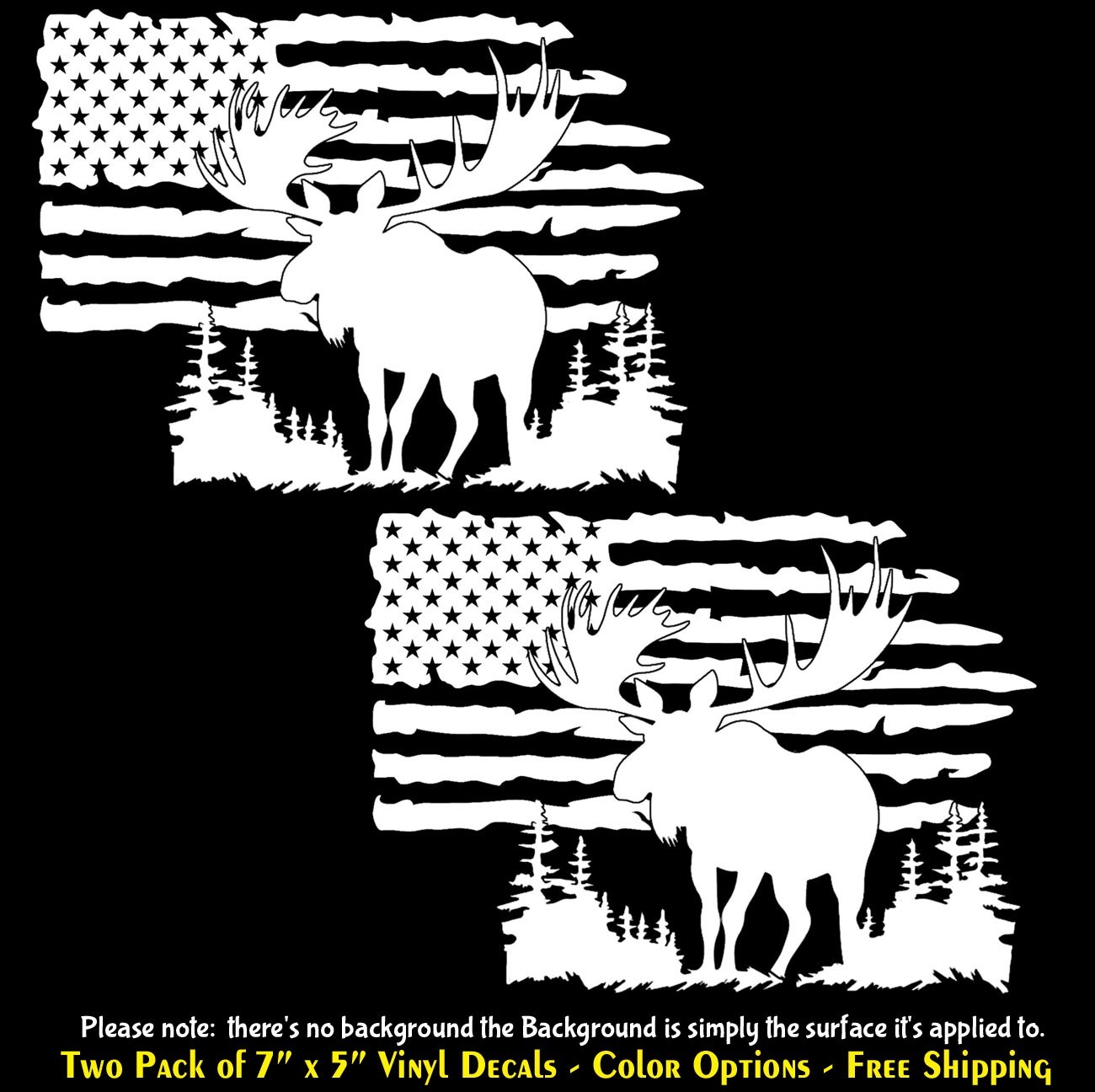 Moose Elk American Flag Two Pack of 7" x 5" Vinyl Decals Any Flat Surface