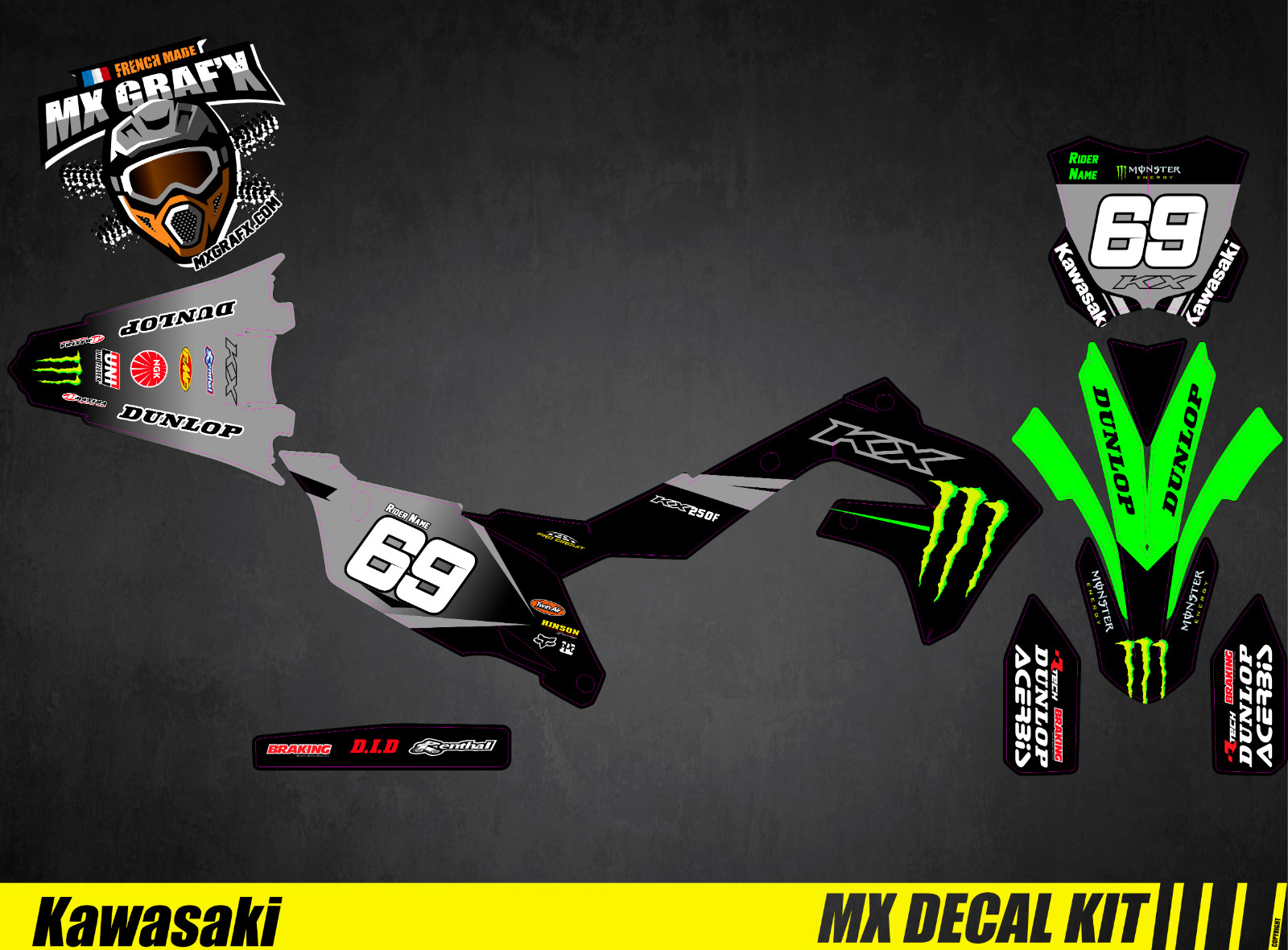 MX Decal Kit For Kawasaki KXF – Fade To Grey