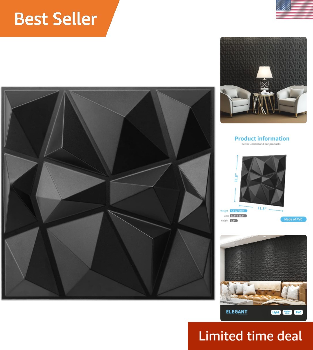 Elegant 3D Diamond Wall Panels – Matte Black, Art Deco Design, 33 Pack