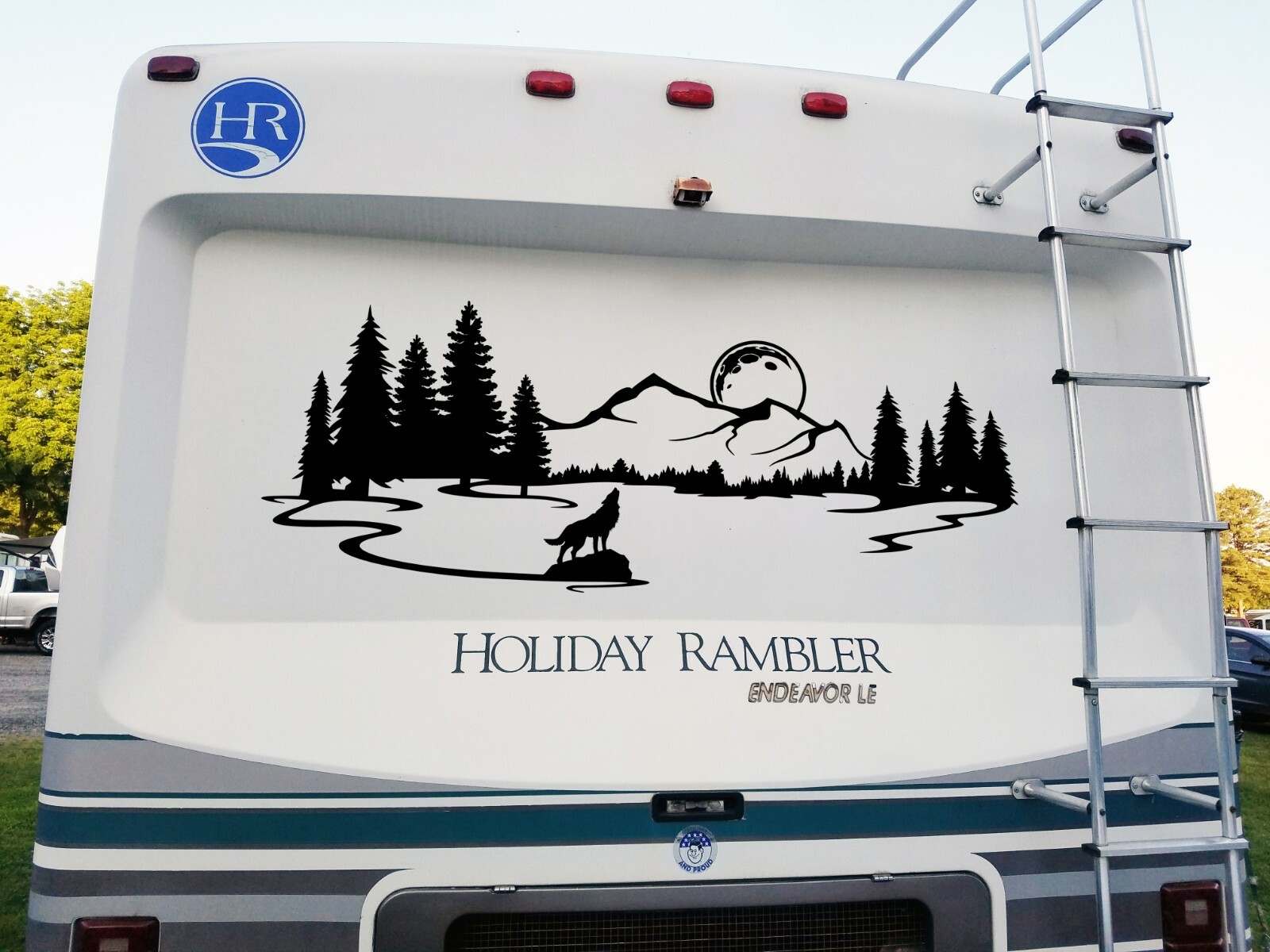 Wolf Mountain Moon Scene Vinyl Decal V2 | Trees RV Camper Trailer | Sticker
