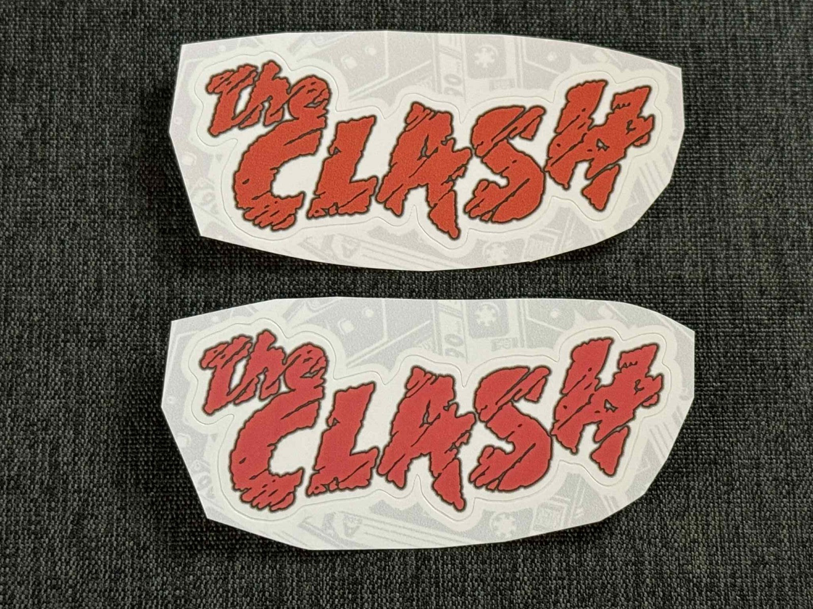 Lot (2) THE CLASH 1 1/2" x 3 1/2" Band Logo Red White STICKERS Fast! FREE SHIP!