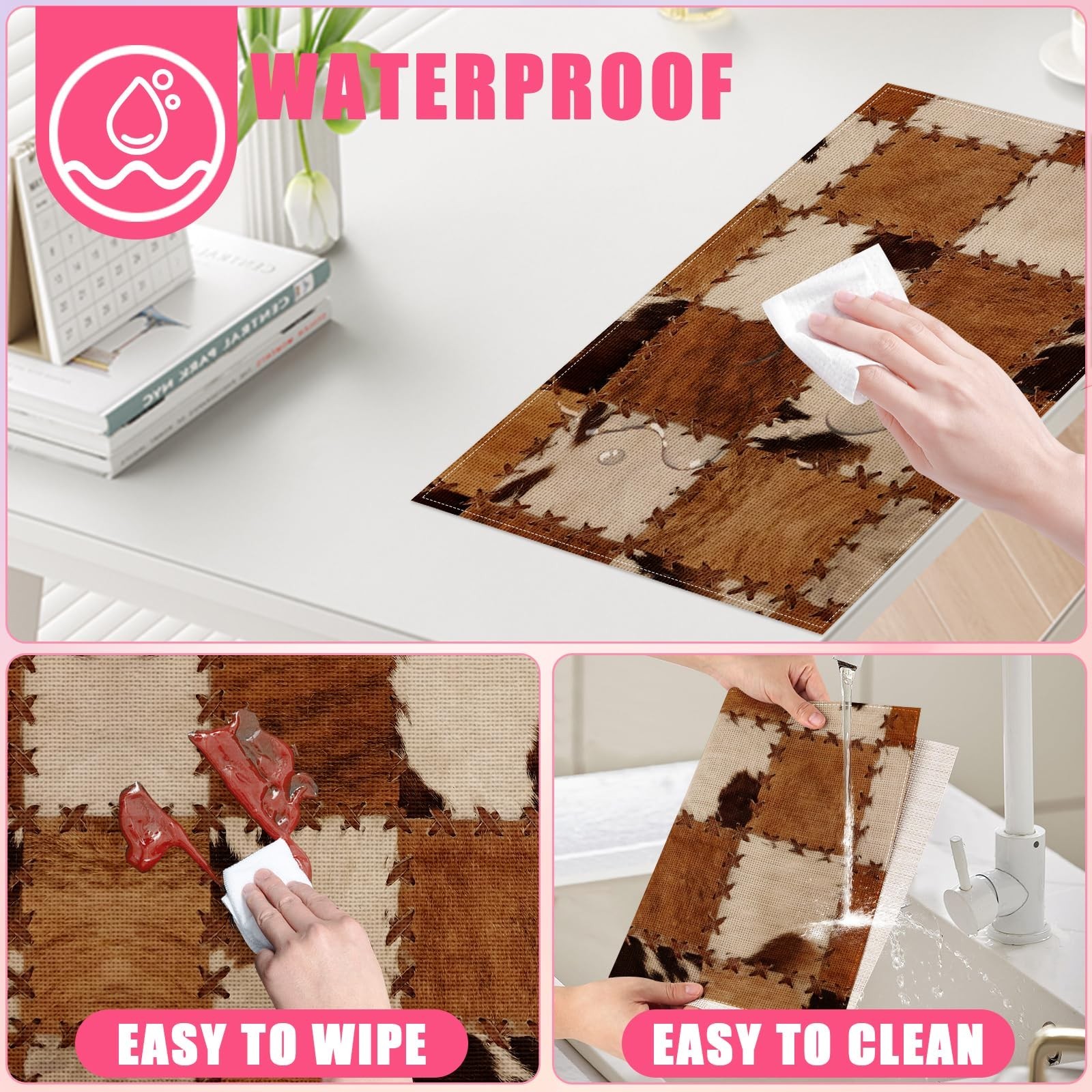 Brown Cowhide Print Placemats Set of 6,12×18 Inch Cow Skin Linen Place Mat Wa…