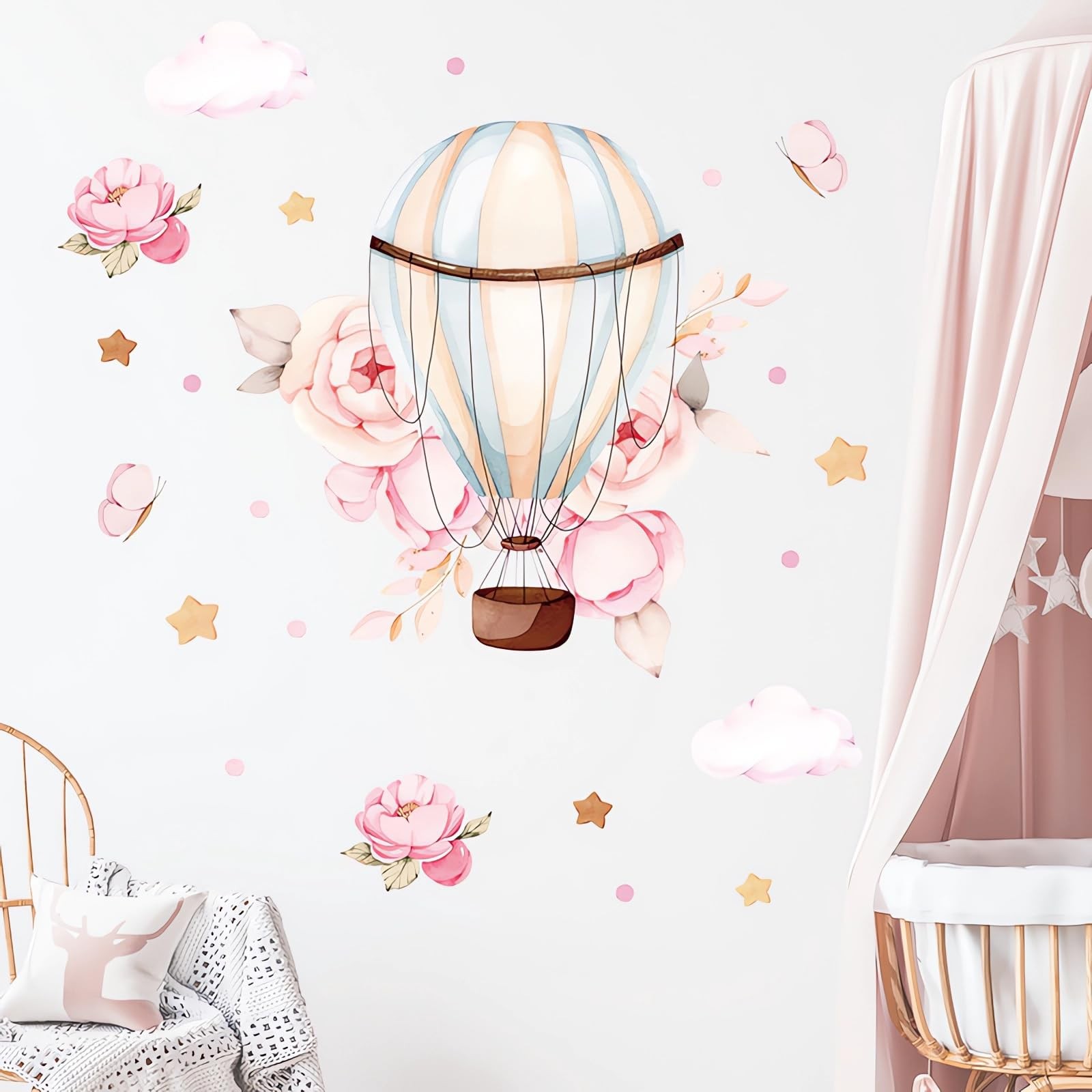 Pink Peony Rose Hot Air Balloon Star Flower Wall Stickers, Cartoon DIY Art Wa…