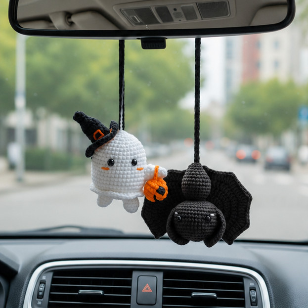 Handmade Crochet Halloween Car Charm, Ghost Pumpkin Hanging, Spooky Gift