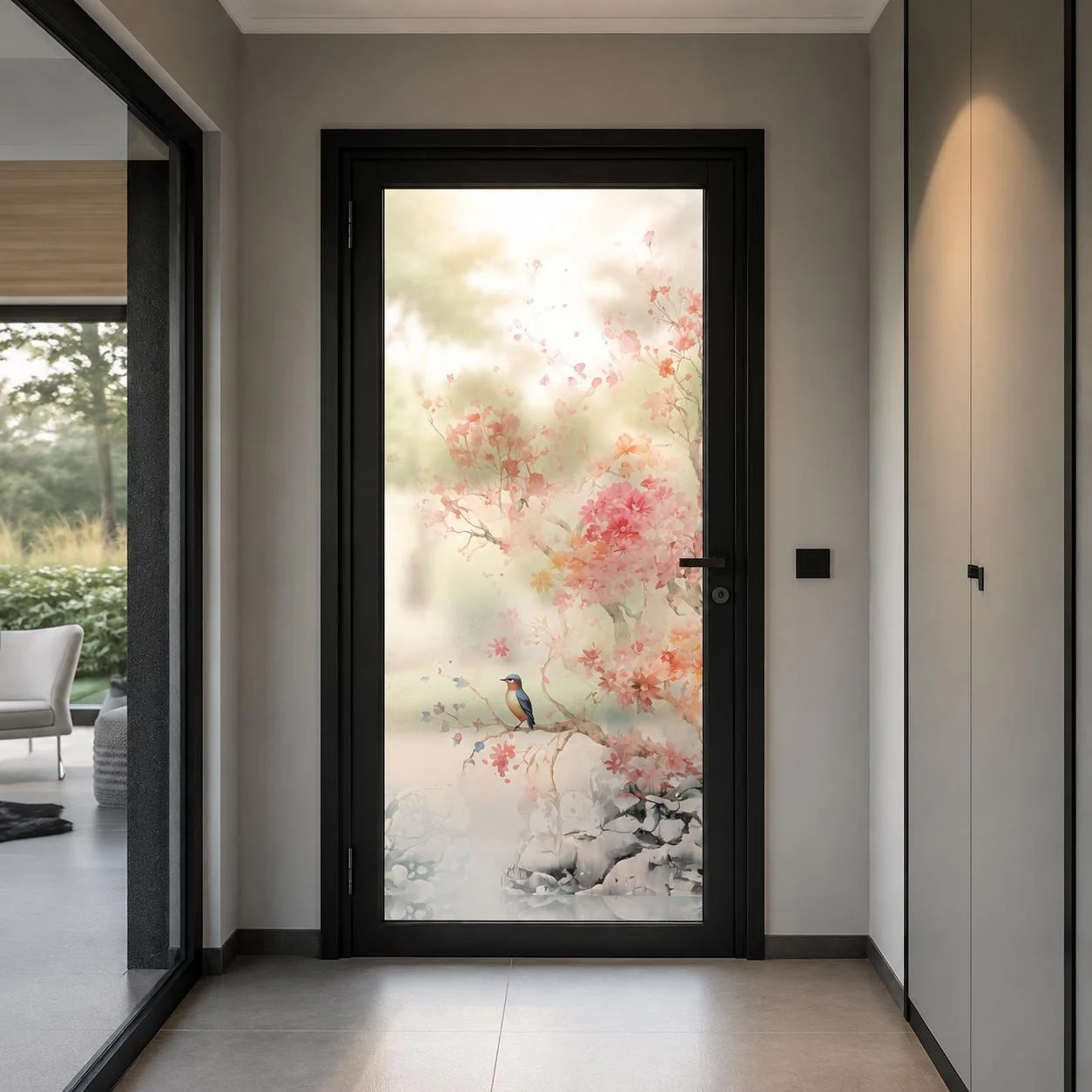 Etched Glass Door Vinyl Decal Cherry Blossoms | Frosted Floral Window Film