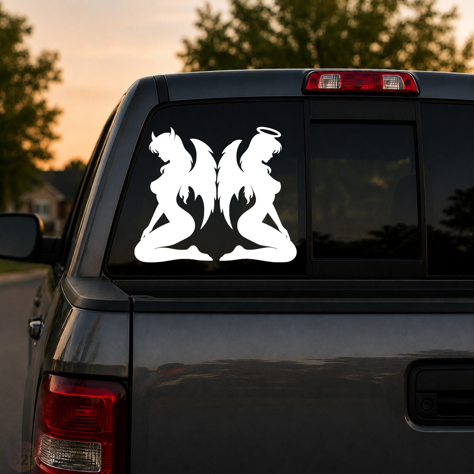 Angel and Devil Kneeling Silhouette | Good vs Evil Vinyl Decal | Car Window