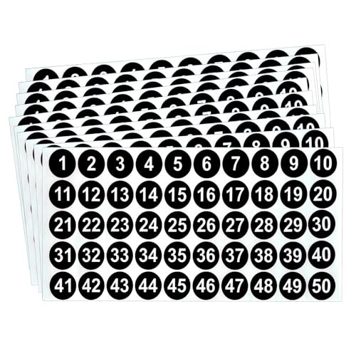 Number Stickers, Consecutive Number Stickers 1-50, 10 Sheets Round Black