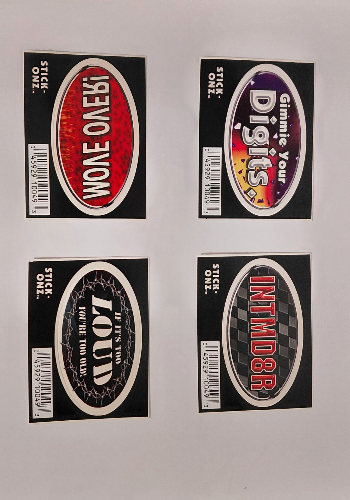 Lot of 4 Vintage NOS Chroma Graphics STICK-ONZ Mini Decals 3" x 1⅜" 90s Slogans