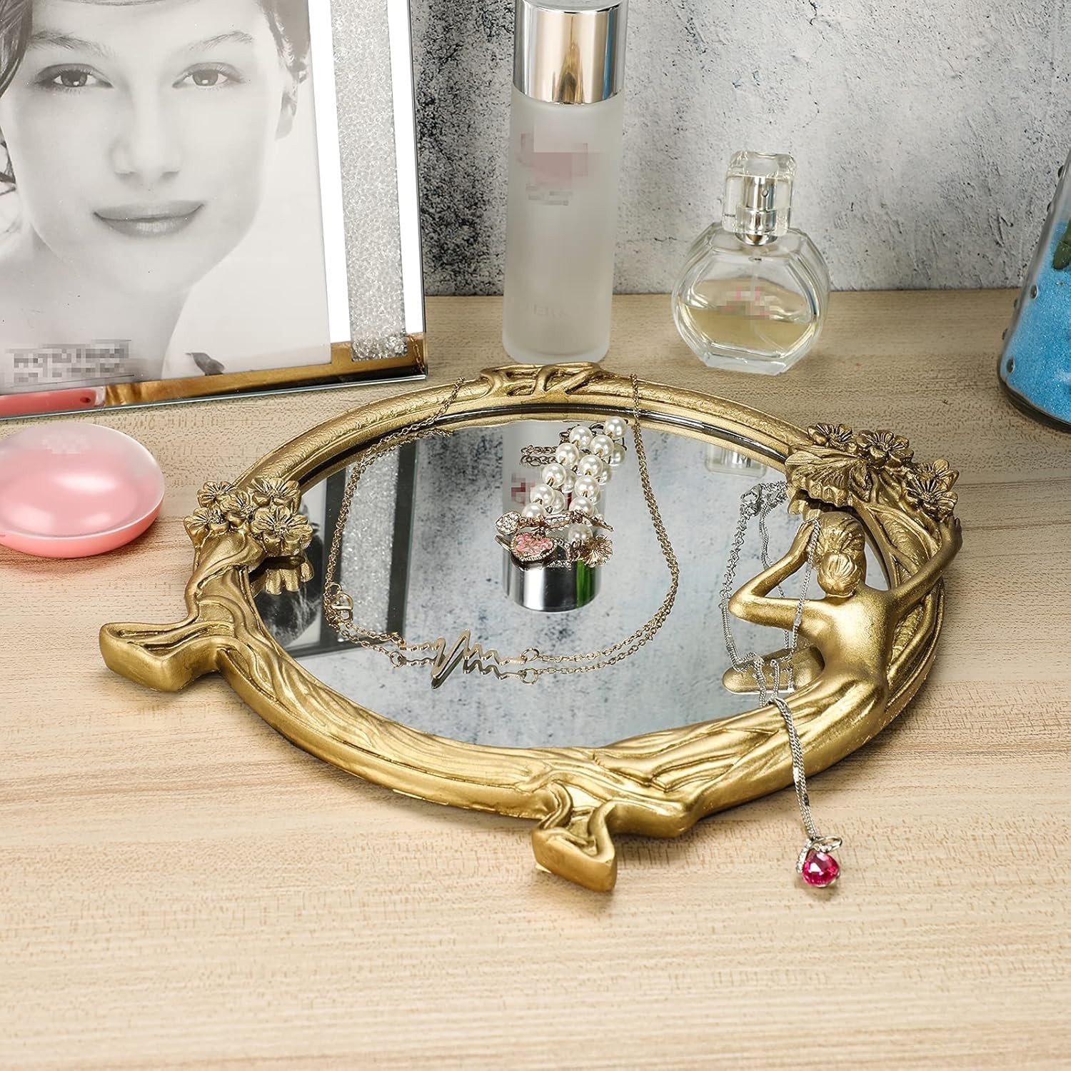 Antique Gold Small Decorative Mirror for Wall and Desktop, Vintage Cosmetic Mir