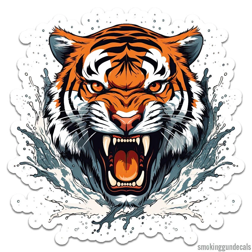 Tiger Splash, Vinyl Decal Sticker, Indoor Outdoor, 3 Sizes, #9498