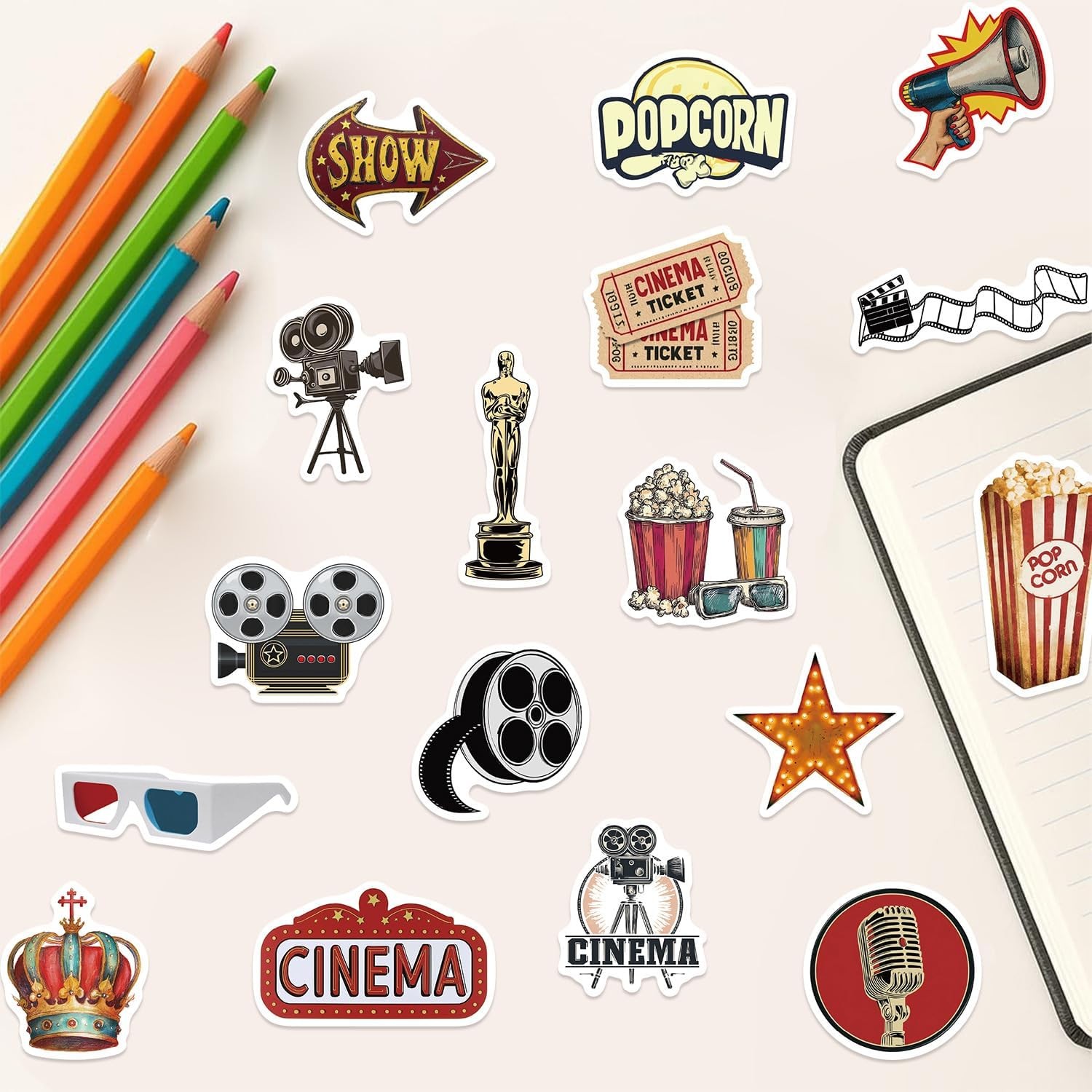 50PCS Movie Night Stickers Retro Cinema Vinyl Decals for Phone Laptop