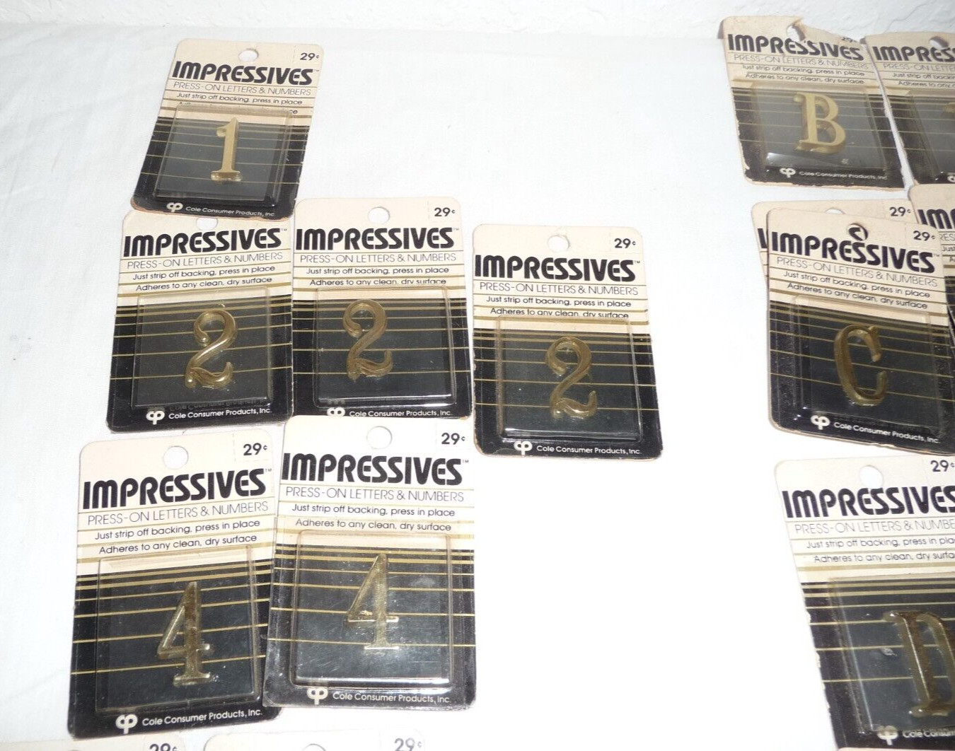 Lot 102 NEW VTG 80’s Moderne Impressives Press-on letters & numbers GOLD Brass