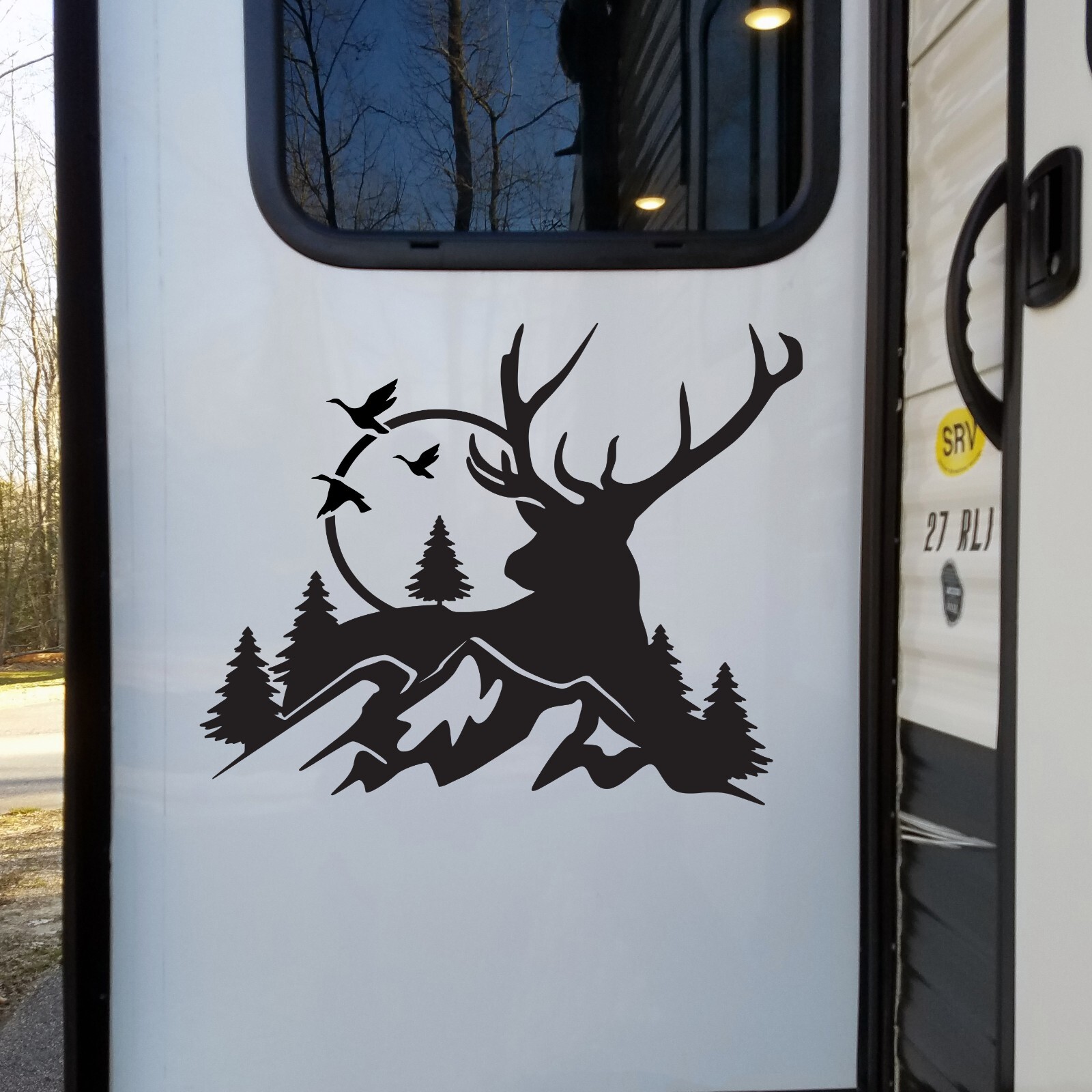 Deer Mountain Bird Scene Custom Vinyl Sticker | Camper Trailer Decals | Die Cut