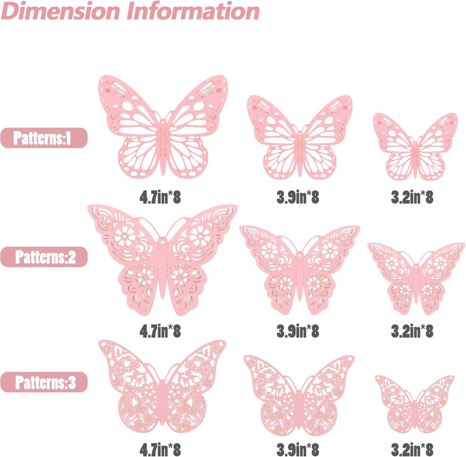 3D Wall Decor, 72 Pcs 3 Sizes 3 Styles, Pink Butterfly Decorations – Removabl…
