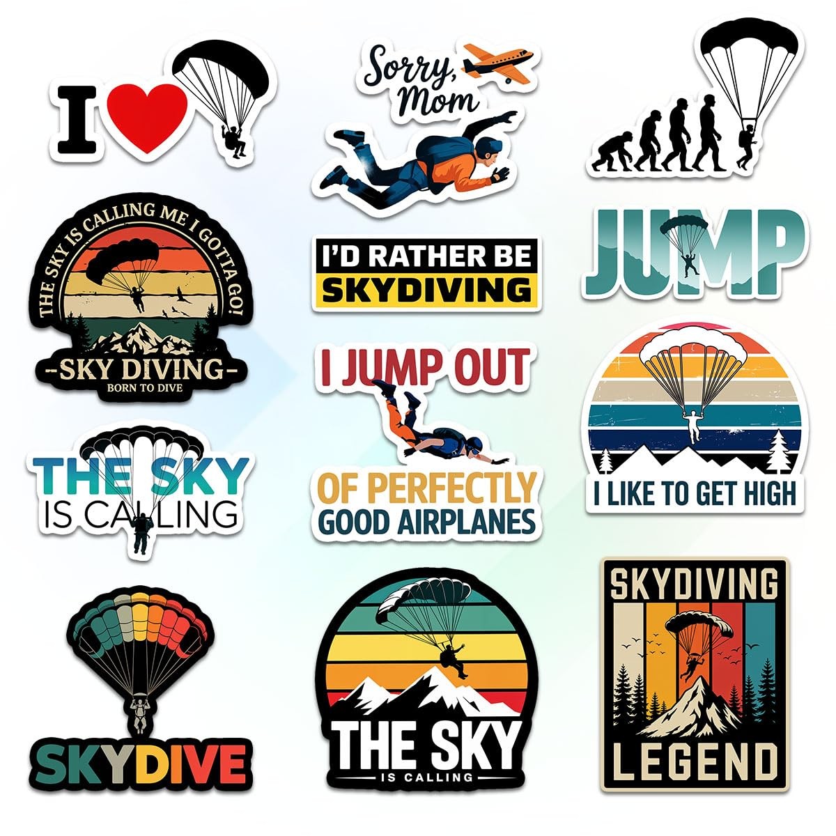 12 Pcs Skydiving Stickers Set, Funny Parachute and Adventure with Quotes like Th