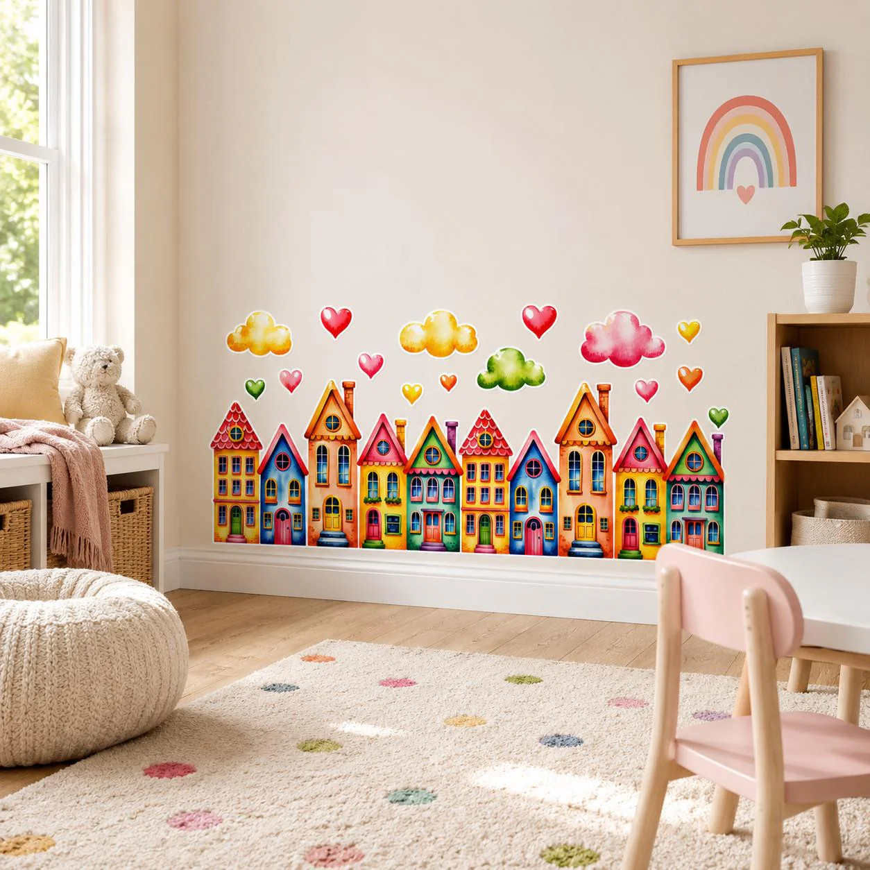 Colorful Watercolor Houses Wall Vinyl Decal | Rainbow Town Street Sticker
