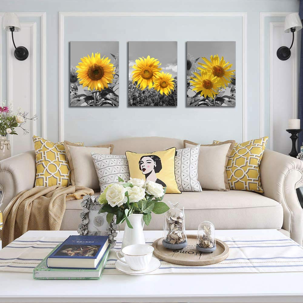 Sunflower Wall Art for Living Room Black White Flowers Wall Decor Yellow Flor…