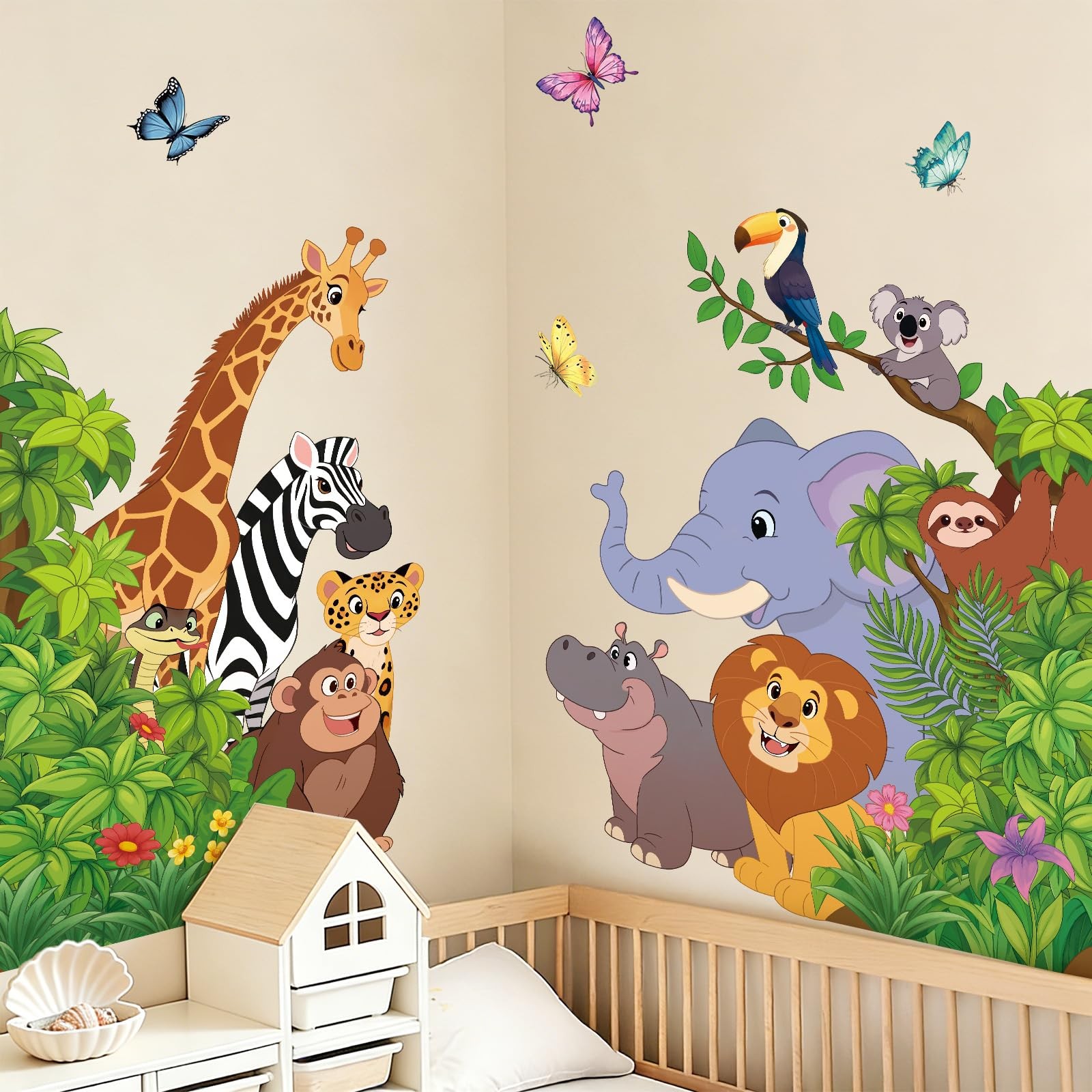 Cartoon Jungle Animal Wall Sticker Peel and Stick, Vinyl Safari Wall Decal, E…